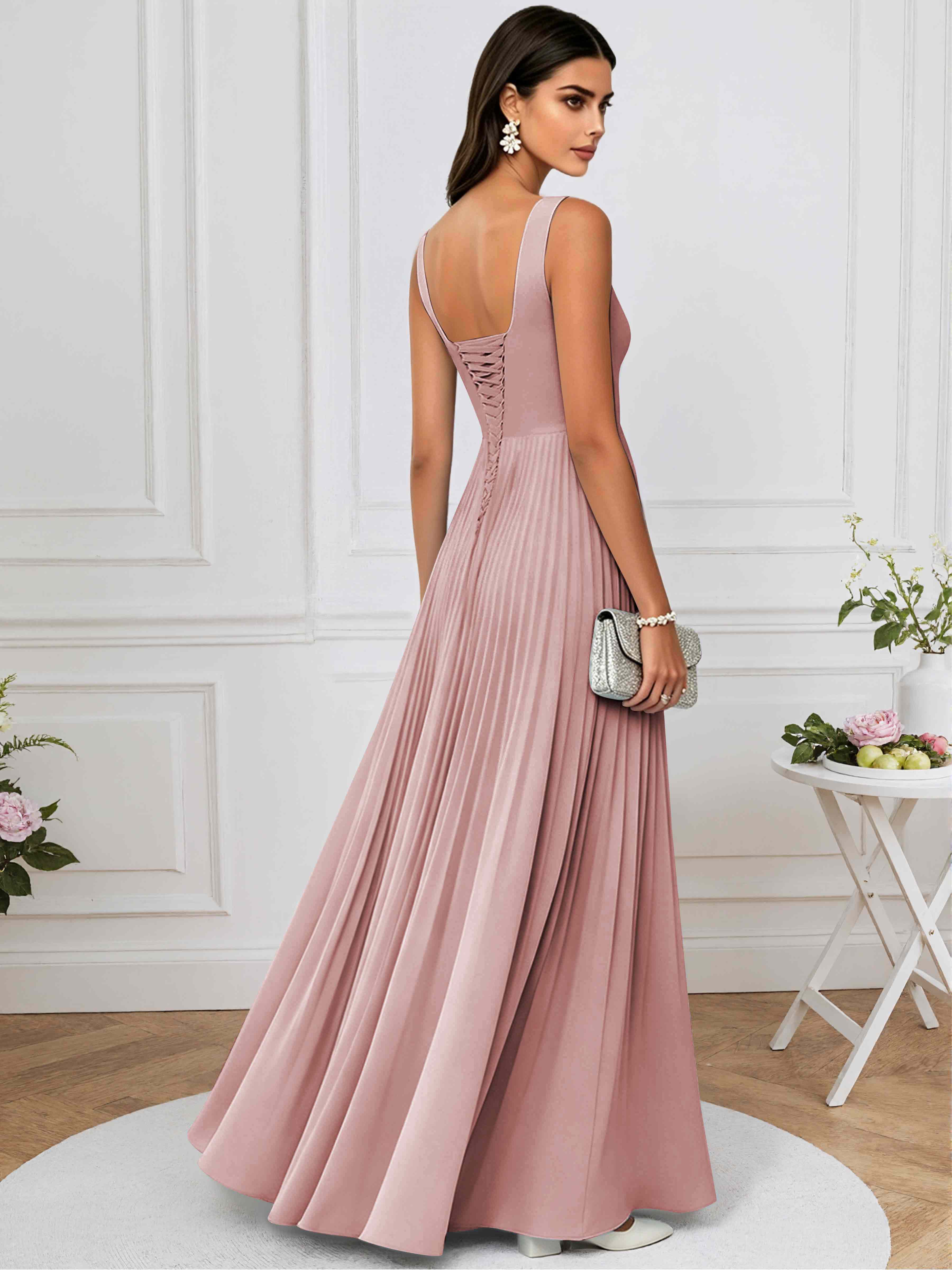 ROVDESY A-Line Square Neck Pleated Chiffon Long Bridesmaid/Prom Dress