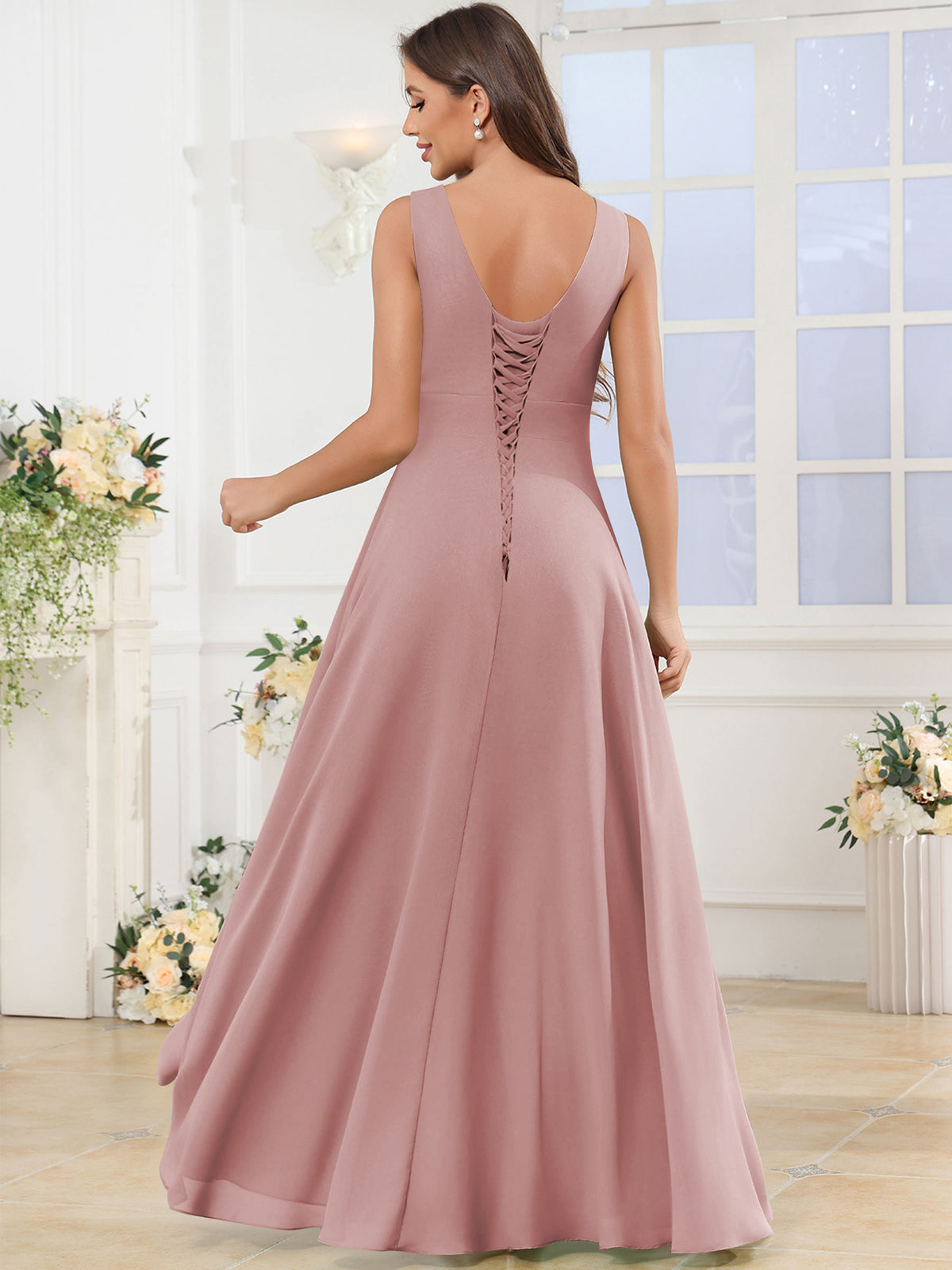 V Neck Chiffon A Line Ruffle Bridesmaid Dress with Slit