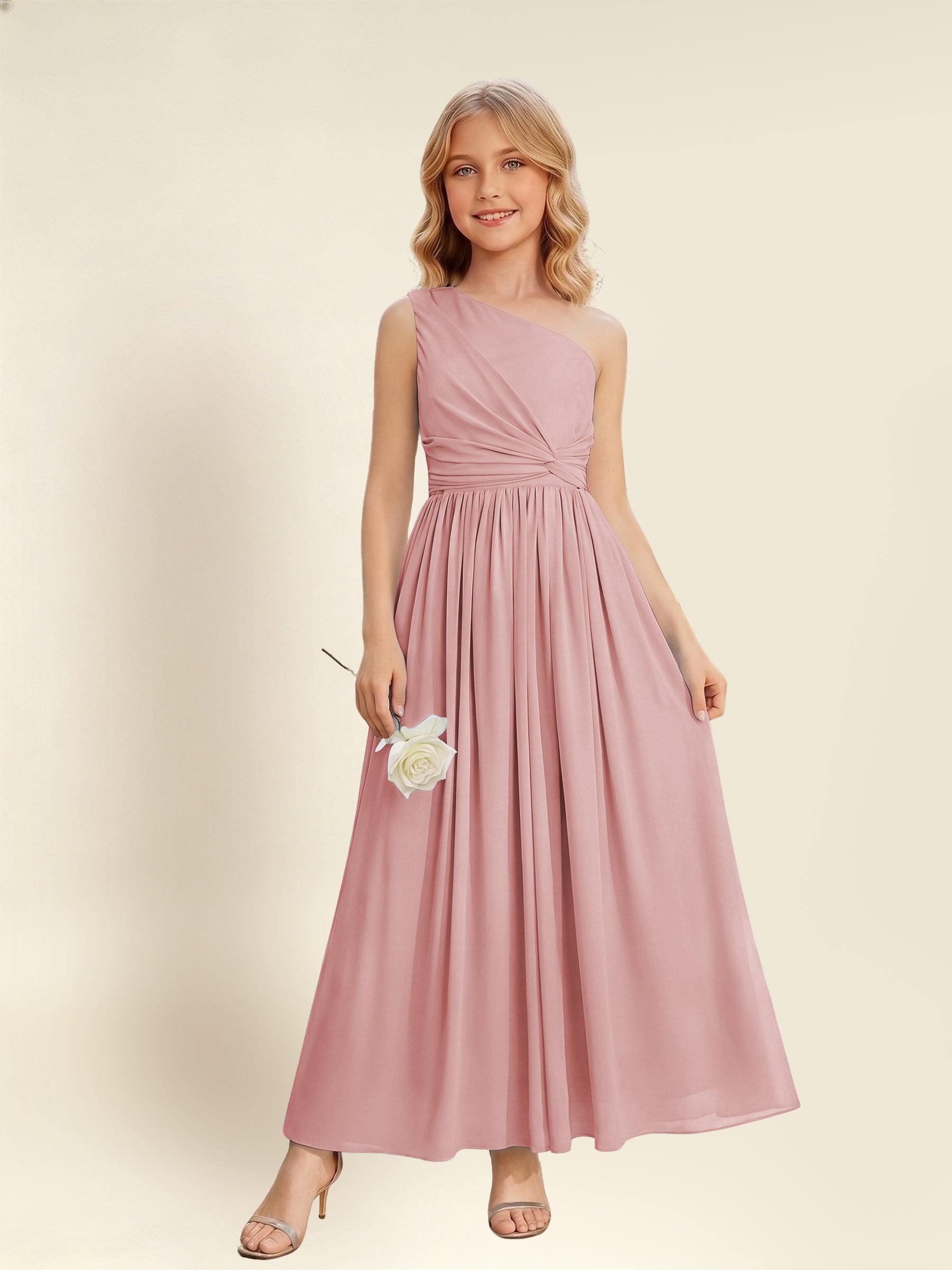 ROVDESY One Shoulder Twist Waist Chiffon Junior Bridesmaid Maxi Dress