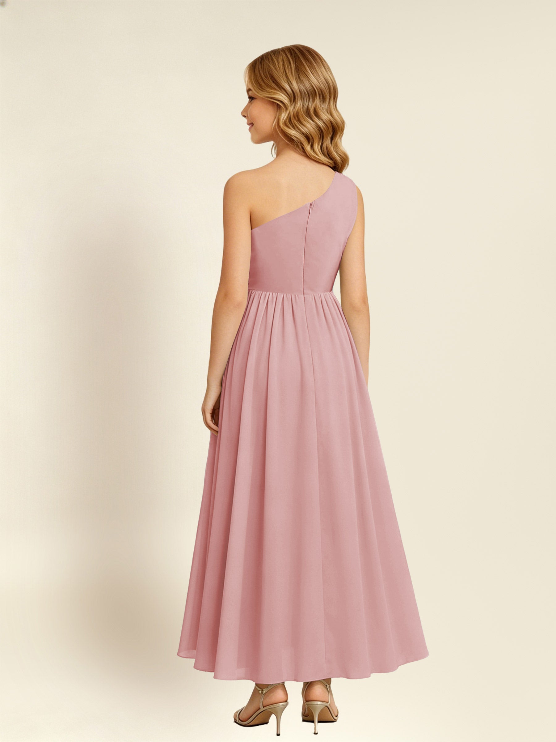 ROVDESY One Shoulder Twist Waist Chiffon Junior Bridesmaid Maxi Dress