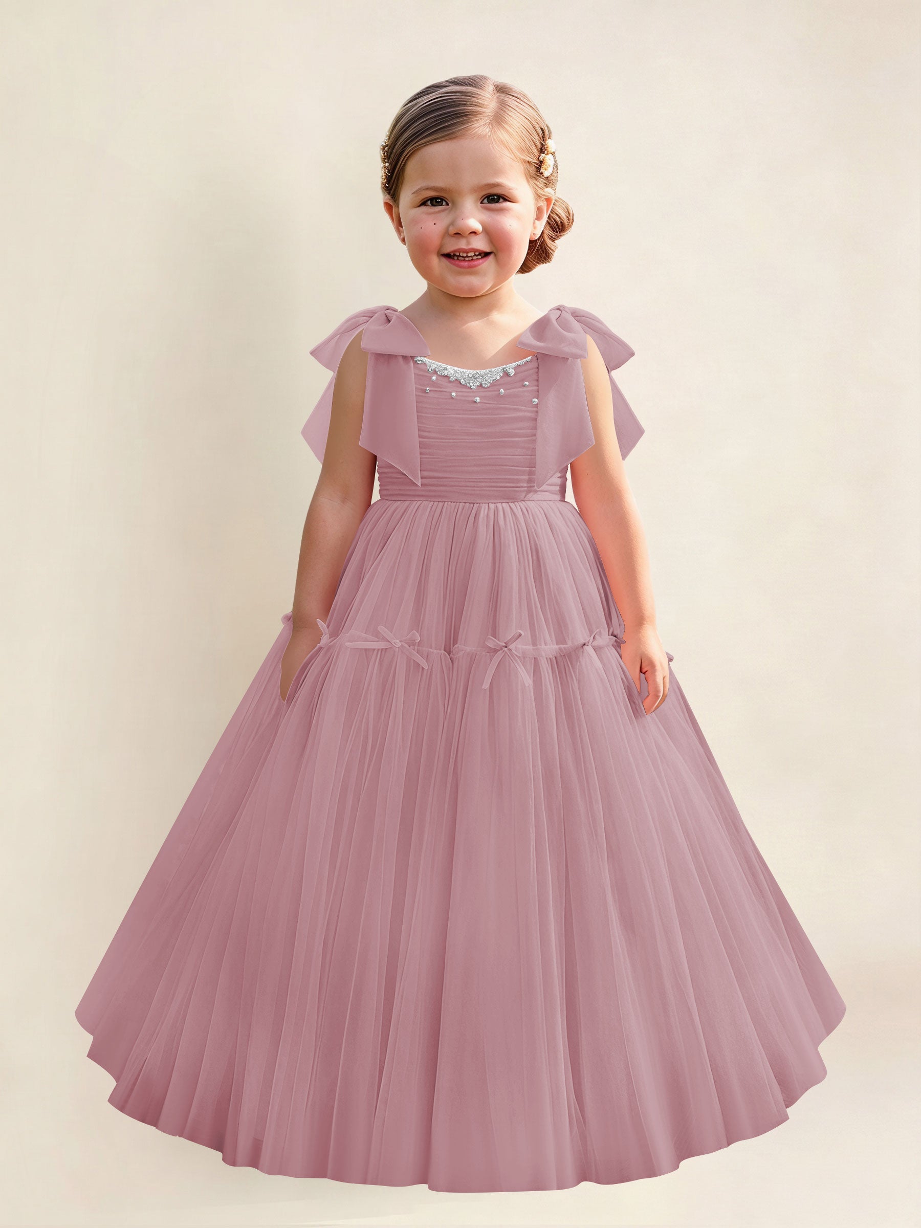 ROVDESY A-Line Tulle Flower Girl Dress With Bow Long Ball Gown Dress