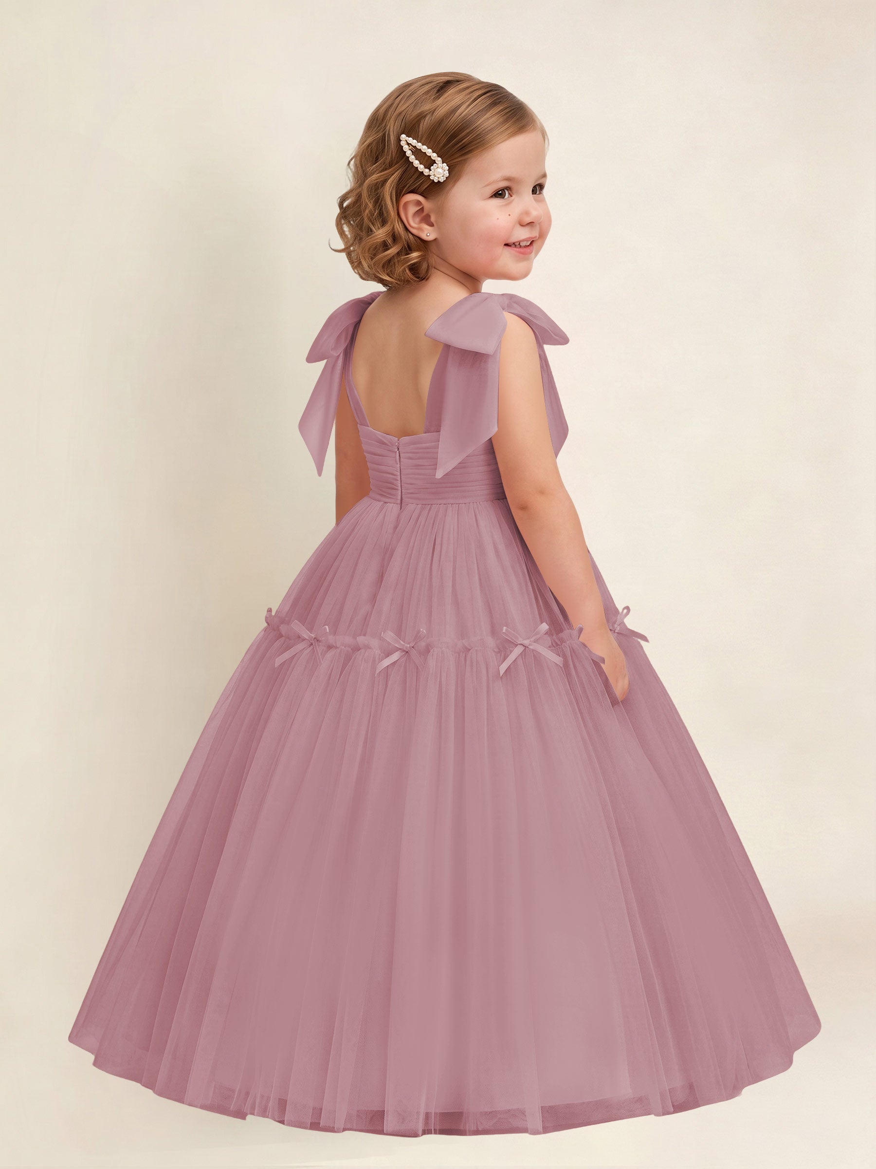 ROVDESY A-Line Tulle Flower Girl Dress With Bow Long Ball Gown Dress