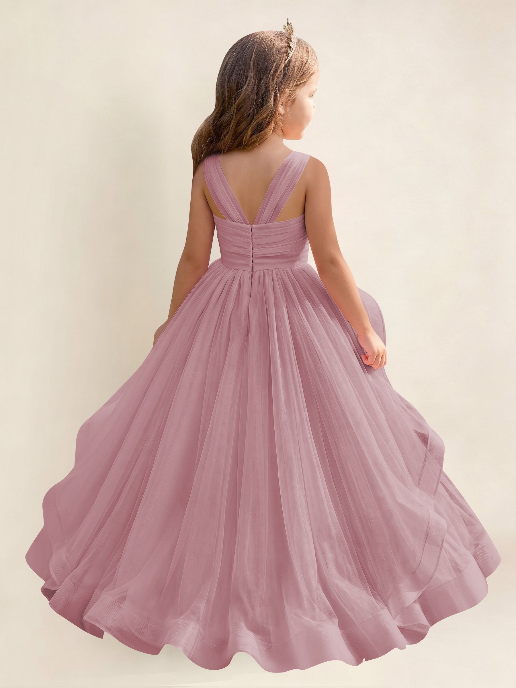 ROVDESY A-Line V-Neck Tulle Flower Girl Dress With Sleeveless Long Ball Gown Dress