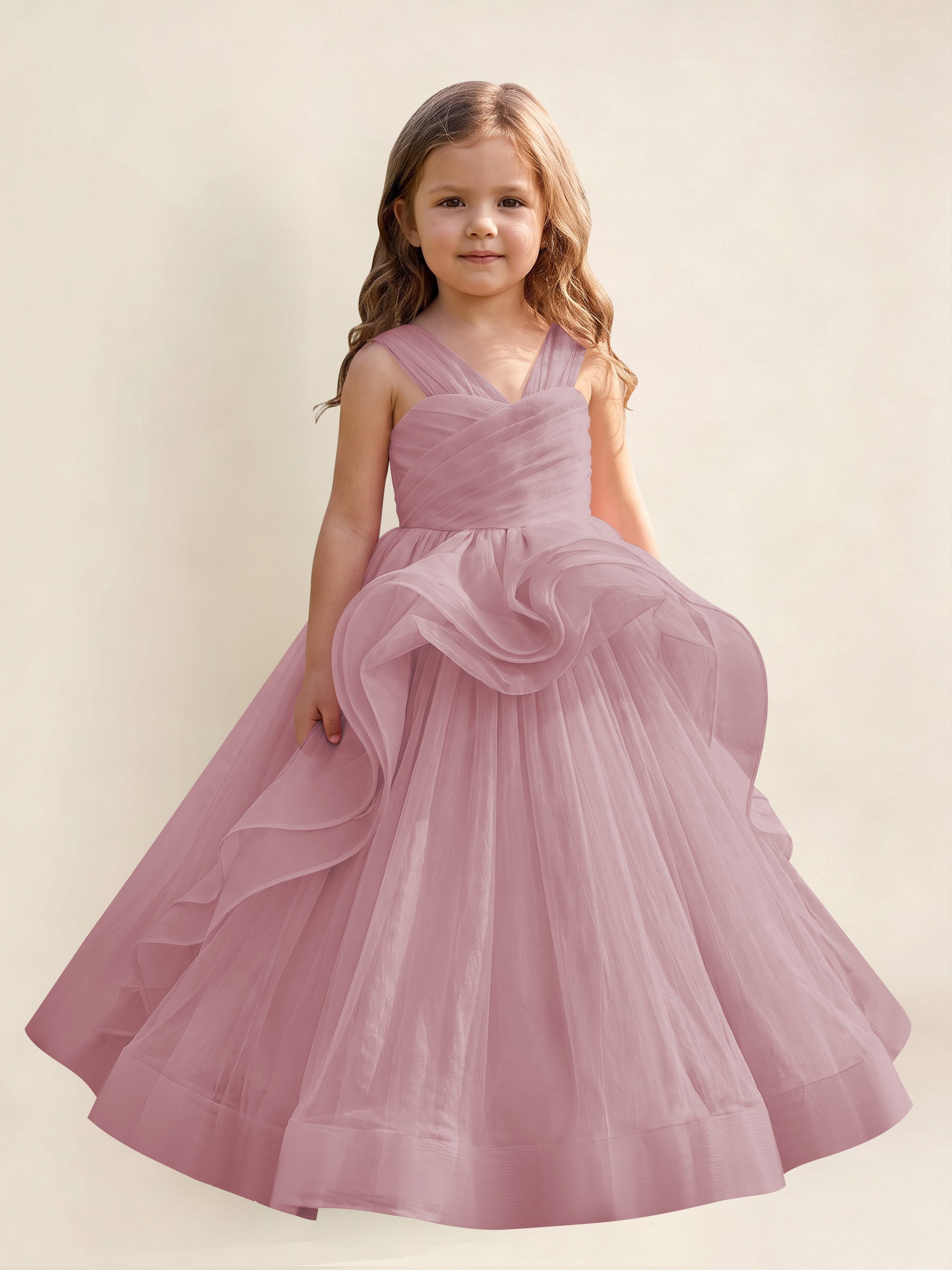 ROVDESY A-Line V-Neck Tulle Flower Girl Dress With Sleeveless Long Ball Gown Dress