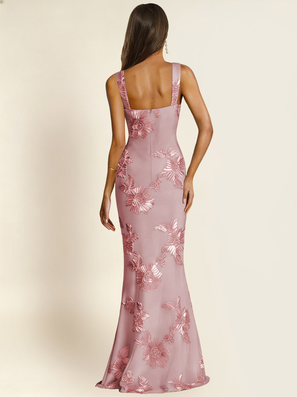 ROVDESY Square Neck Floral Applique Mermaid Long Prom/Bridesmaid Dress