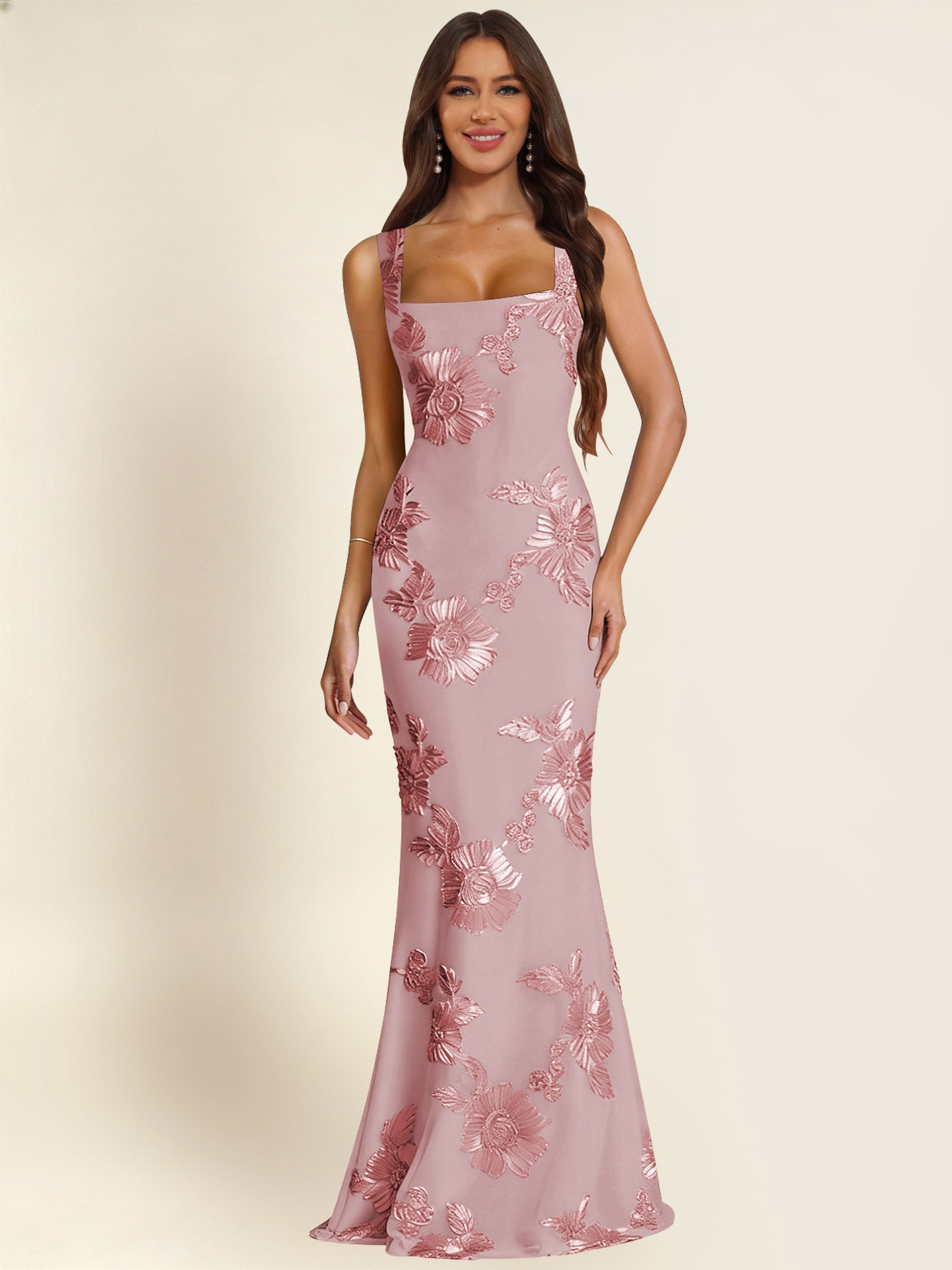 ROVDESY Square Neck Floral Applique Mermaid Long Prom/Bridesmaid Dress