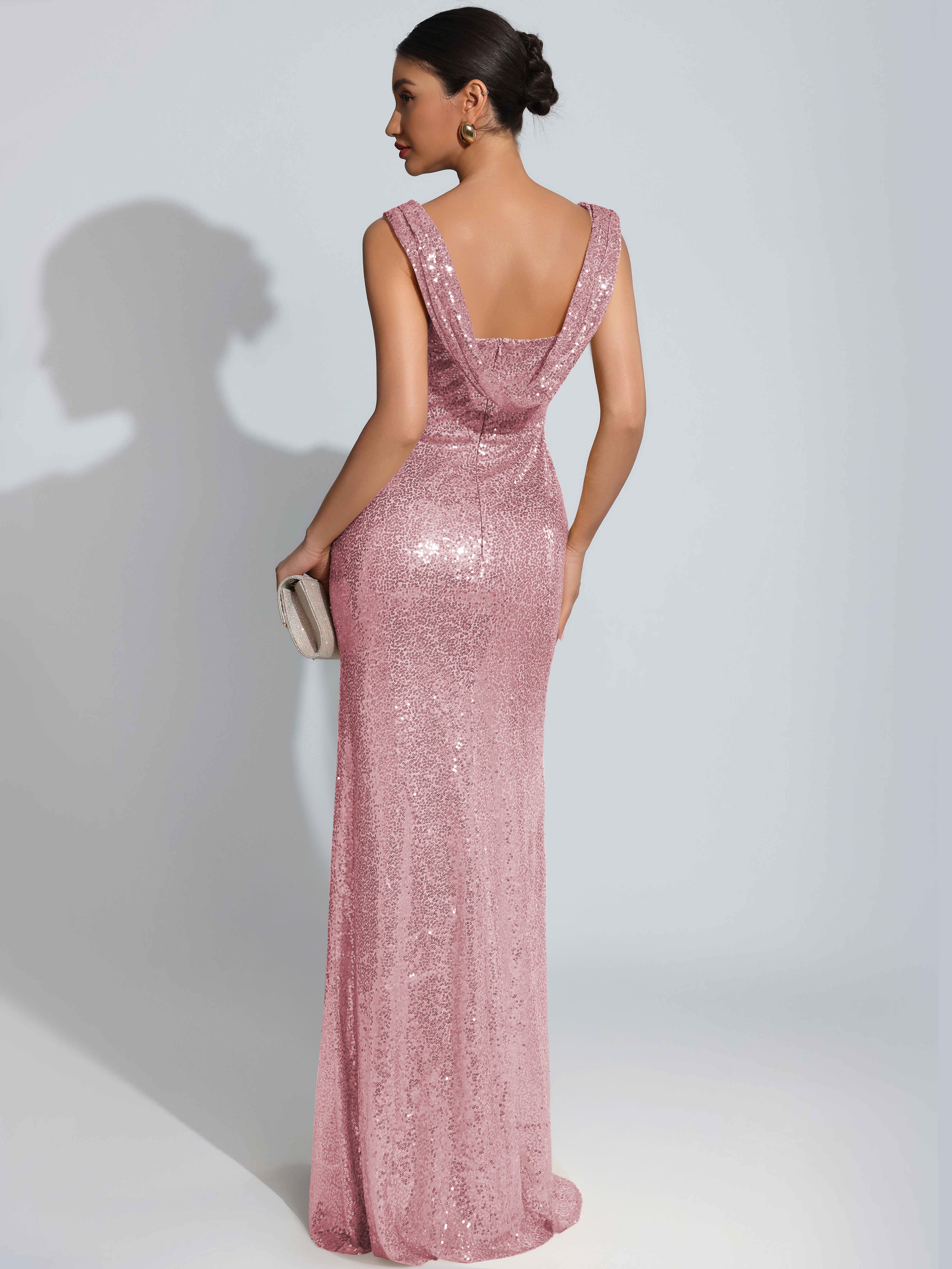 ROVDESY Sparkly Bateau Mermaid Ruched Sequin Long Prom Dress with Slit
