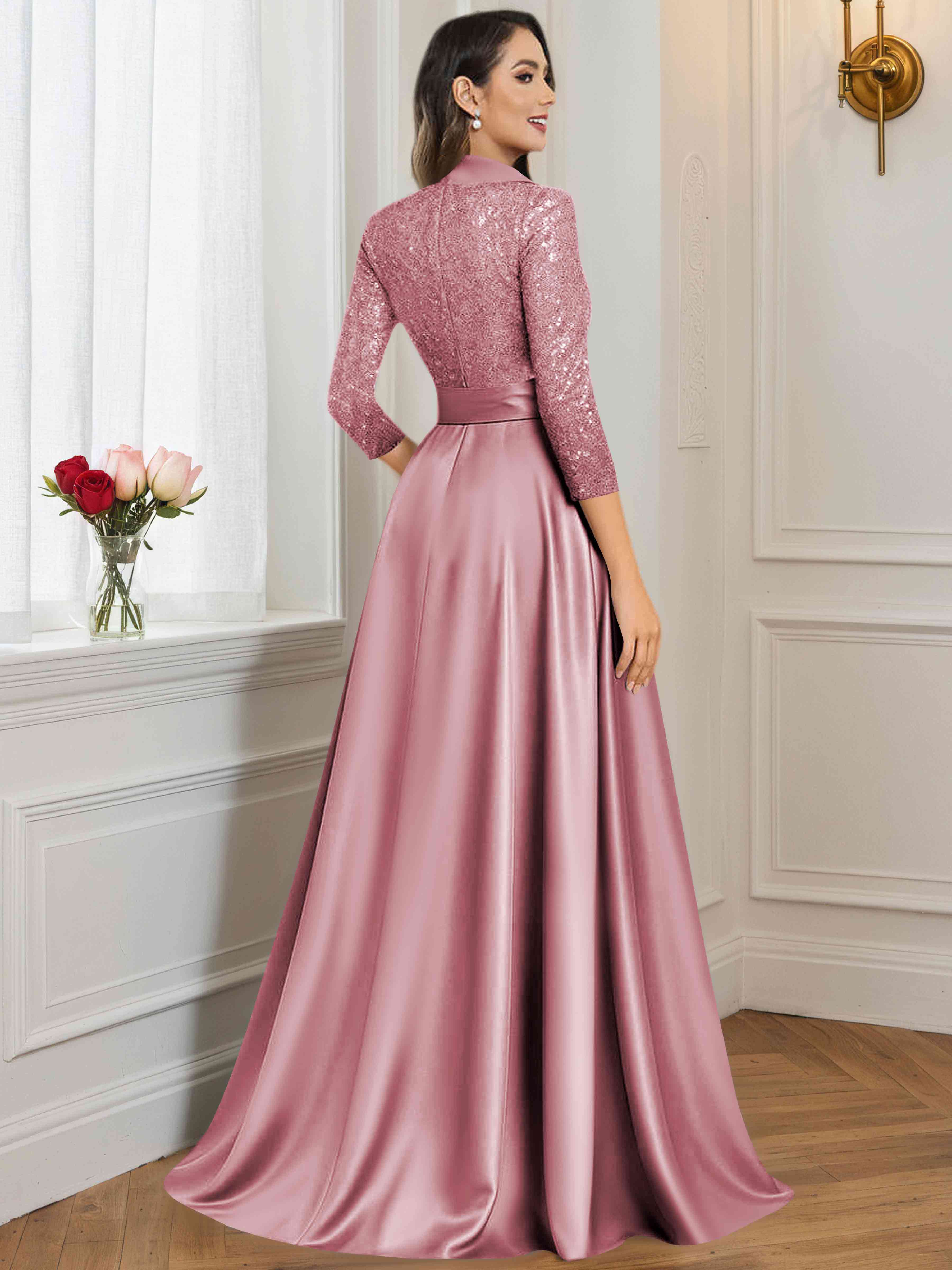 ROVDESY A-Line V Neck Sequin Satin  Long Mother of The Bride Dress Formal Gown With 3/4 Sleeves