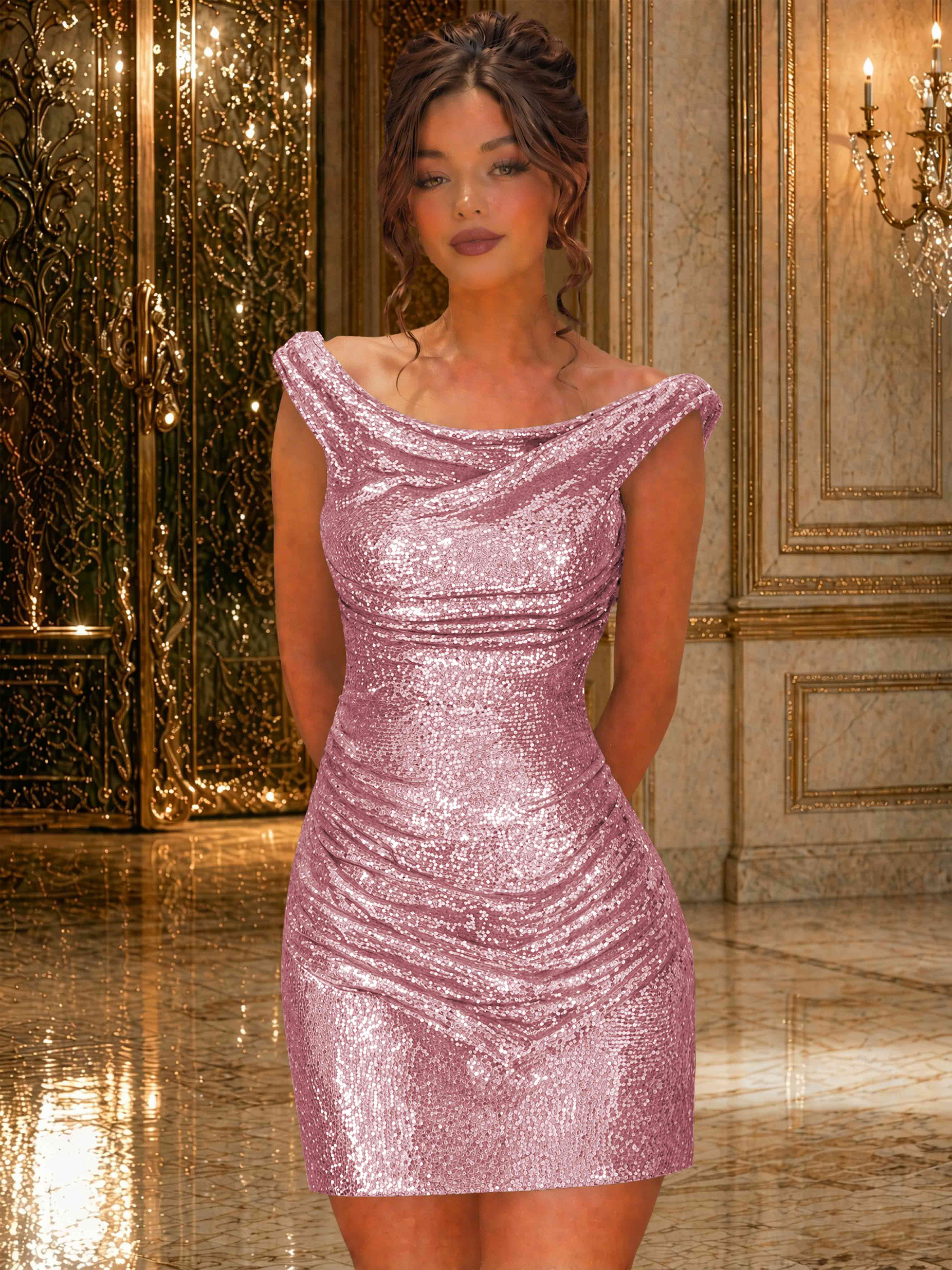 ROVDES Sparkly Off The Shoulder Ruched Sequin Tight Homecoming Mini Dress