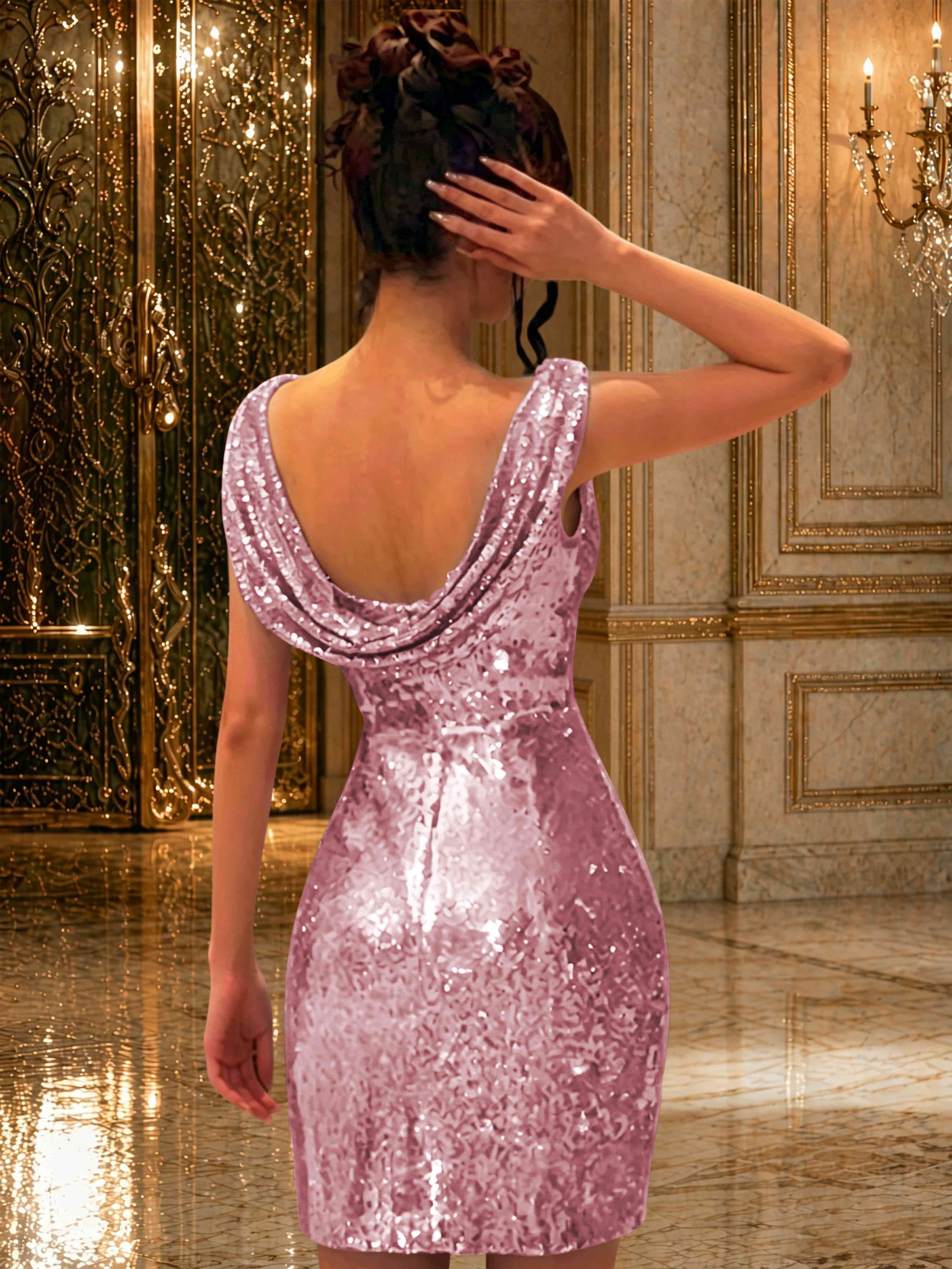 ROVDES Sparkly Off The Shoulder Ruched Sequin Tight Homecoming Mini Dress