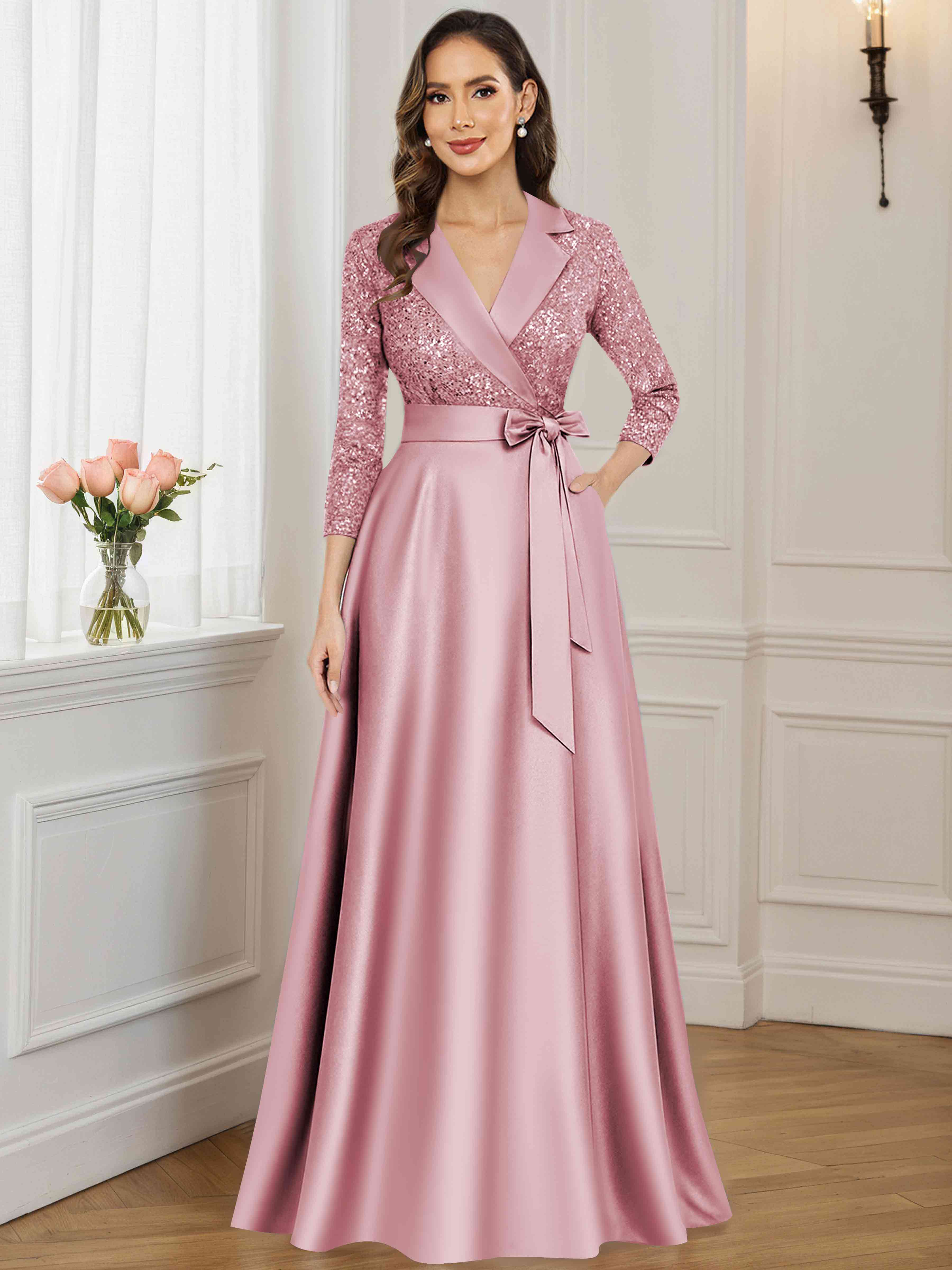 ROVDESY A-Line V Neck Sequin Satin  Long Mother of The Bride Dress Formal Gown With 3/4 Sleeves