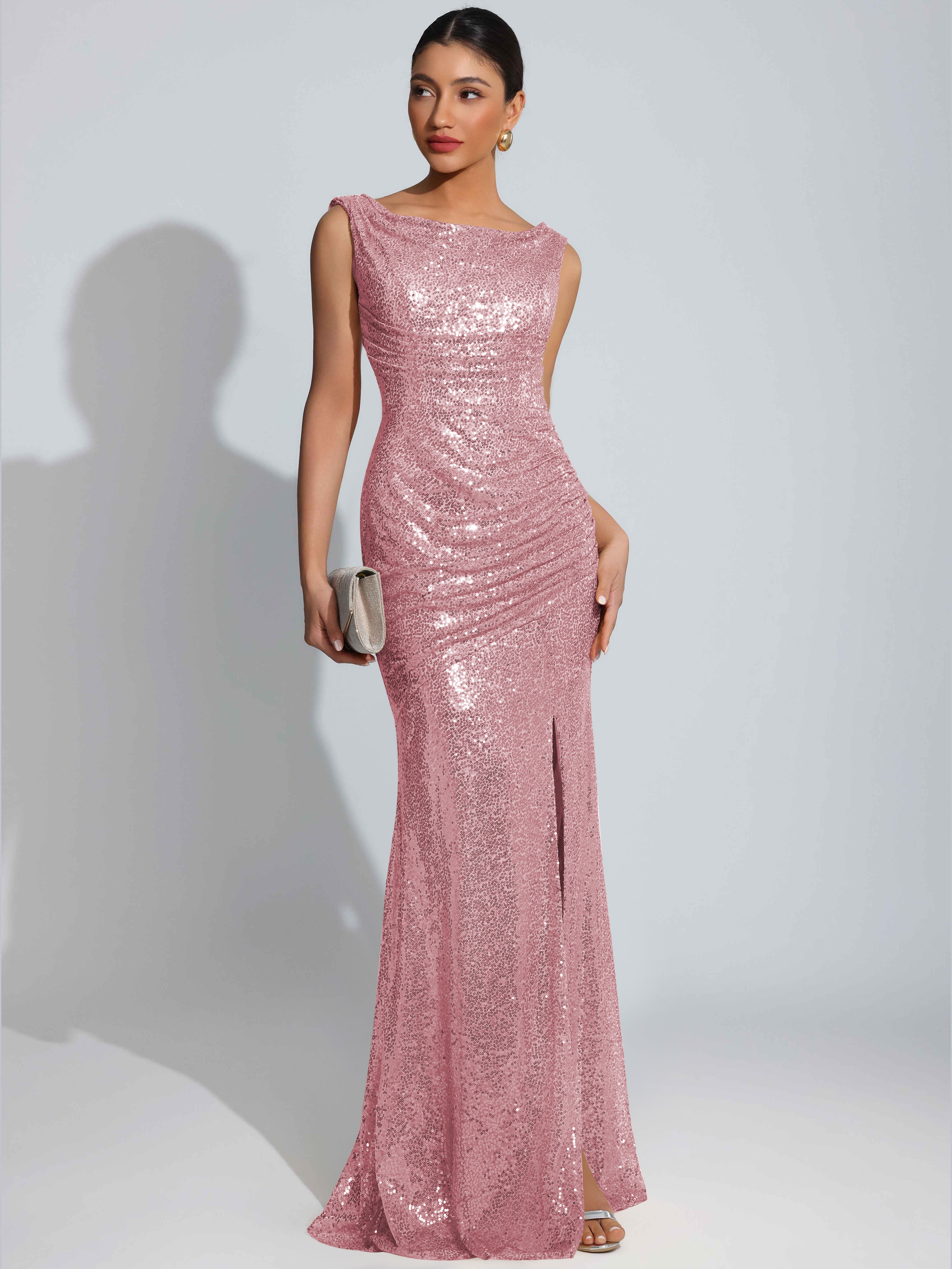 ROVDESY Sparkly Bateau Mermaid Ruched Sequin Long Prom Dress with Slit