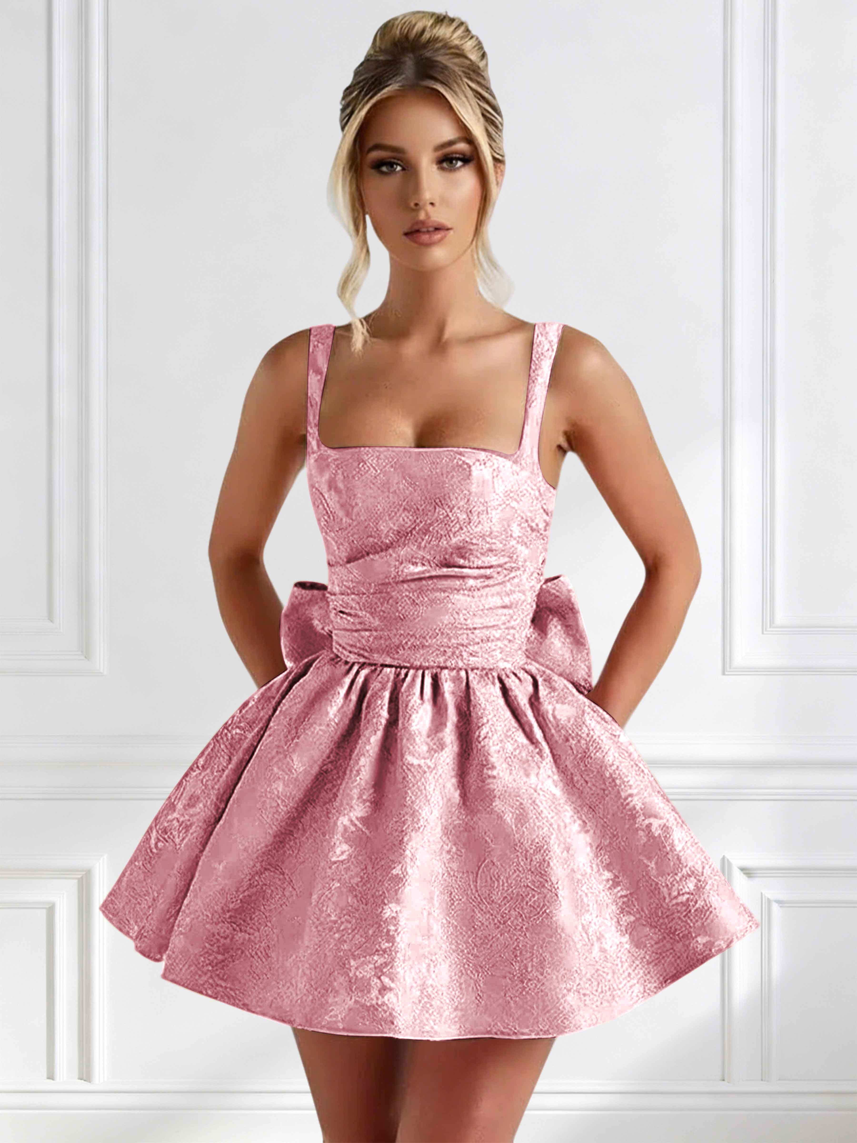 ROVDESY A-Line Square Neck Jacquard Satin Homecoming Mini Dress With Big Bow