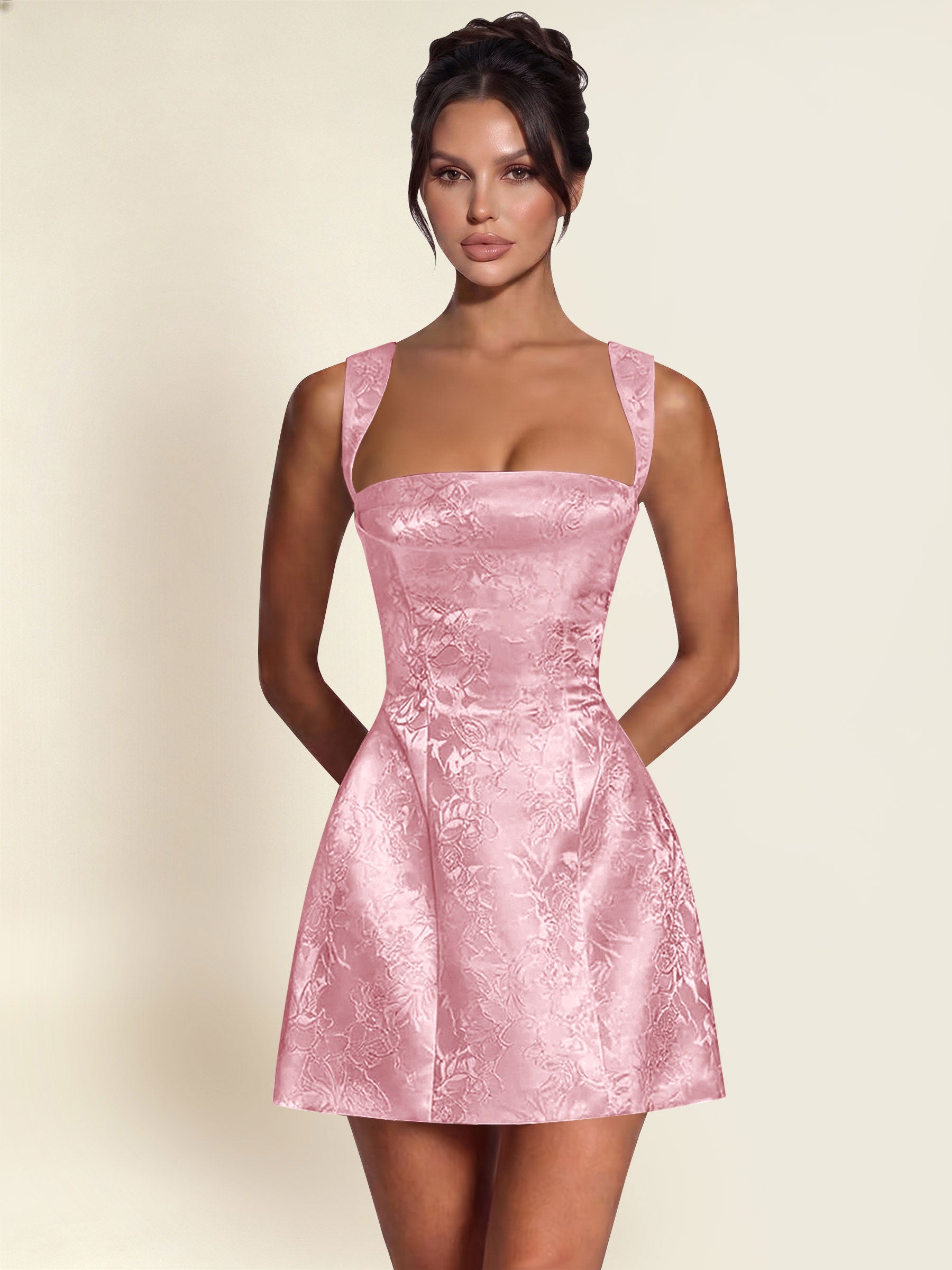 ROVDESY A-Line Square Neck Jacquard Satin Homecoming Mini Dress