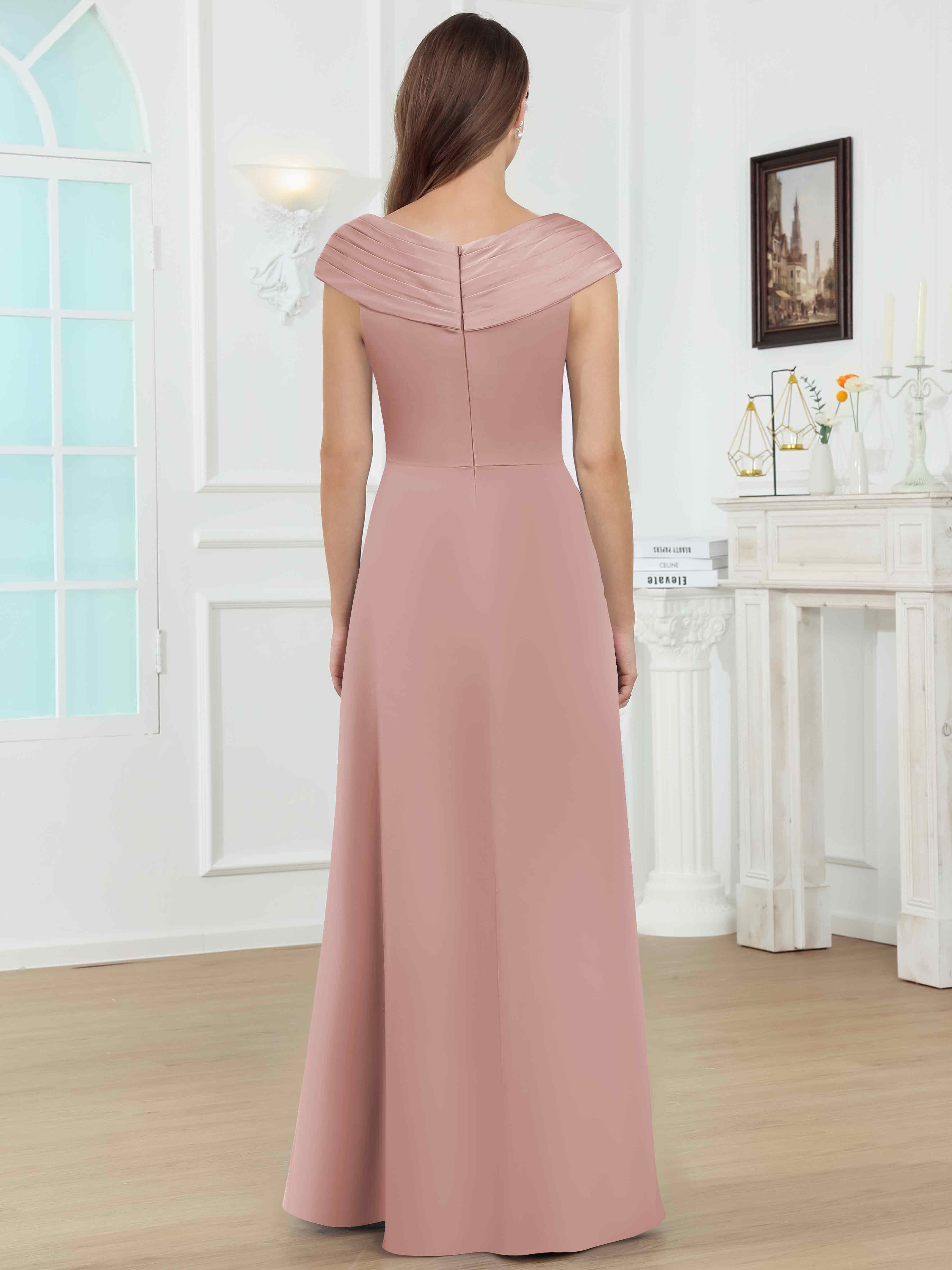 ROVDESY V-Neck Off The Shoulder Pleated Satin Mother Of The Bride Dress With Slit