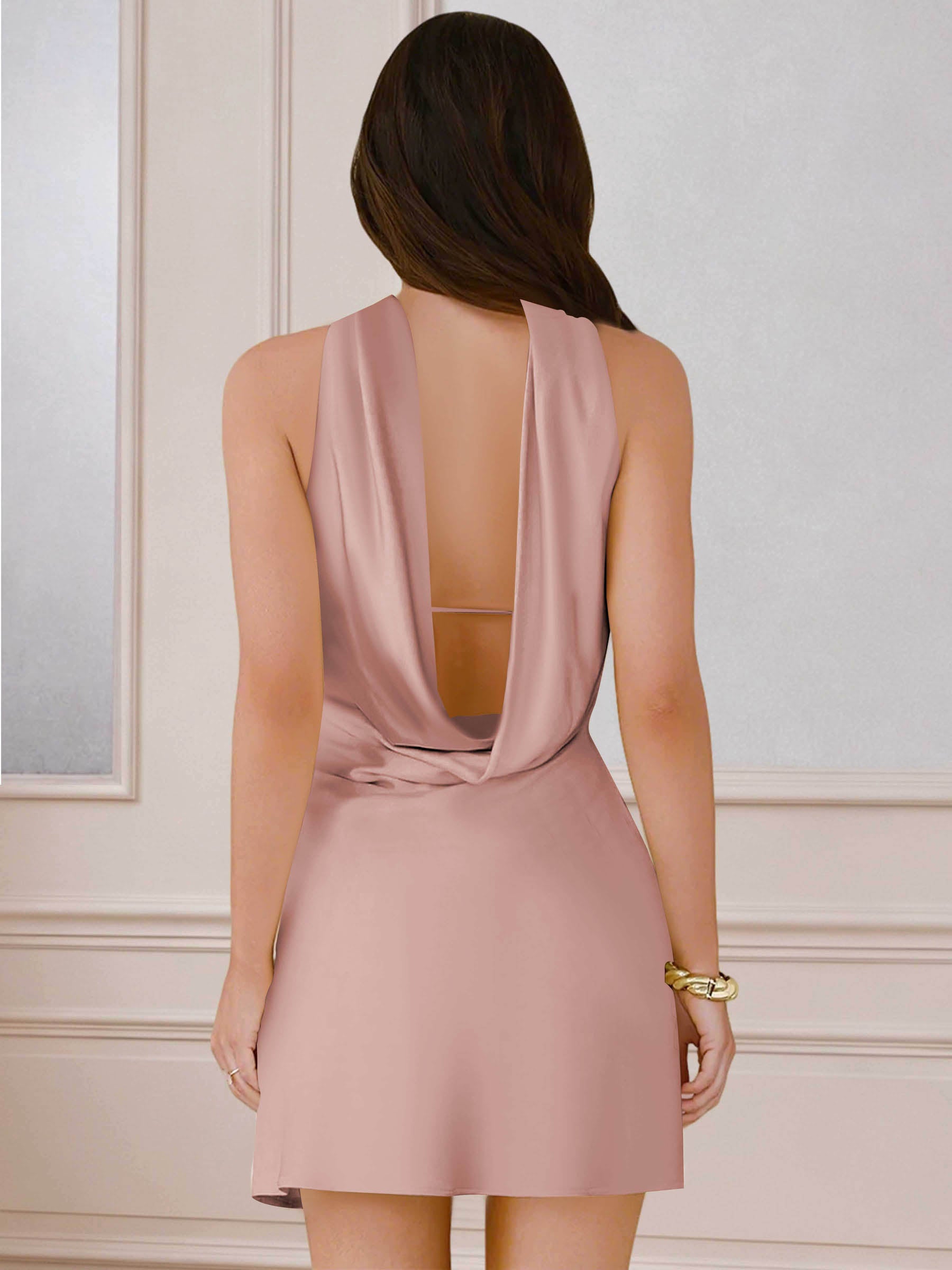 ROVDESY A-Line Halter Neck Satin Homecoming Mini Dress