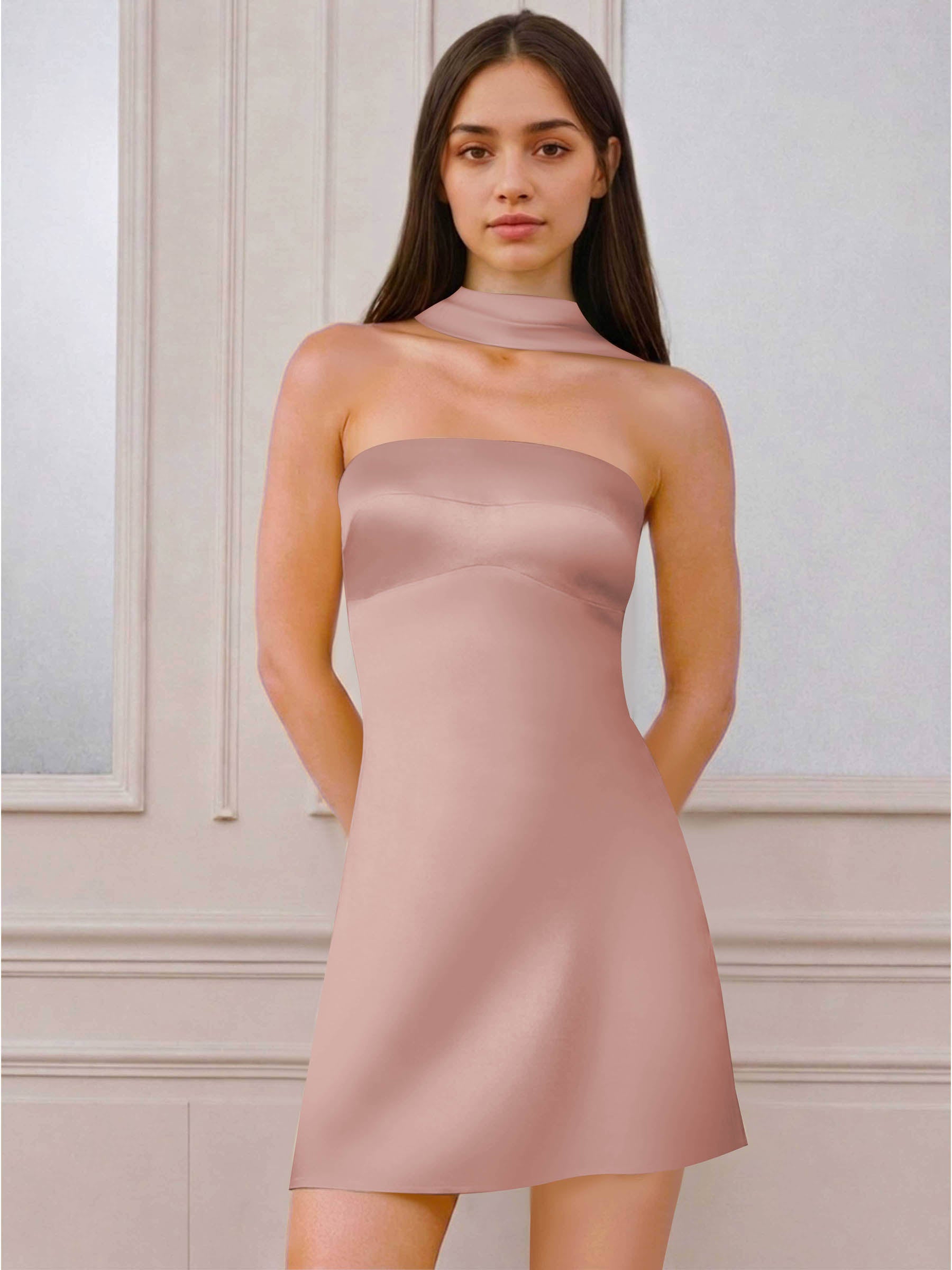 ROVDESY A-Line Halter Neck Satin Homecoming Mini Dress