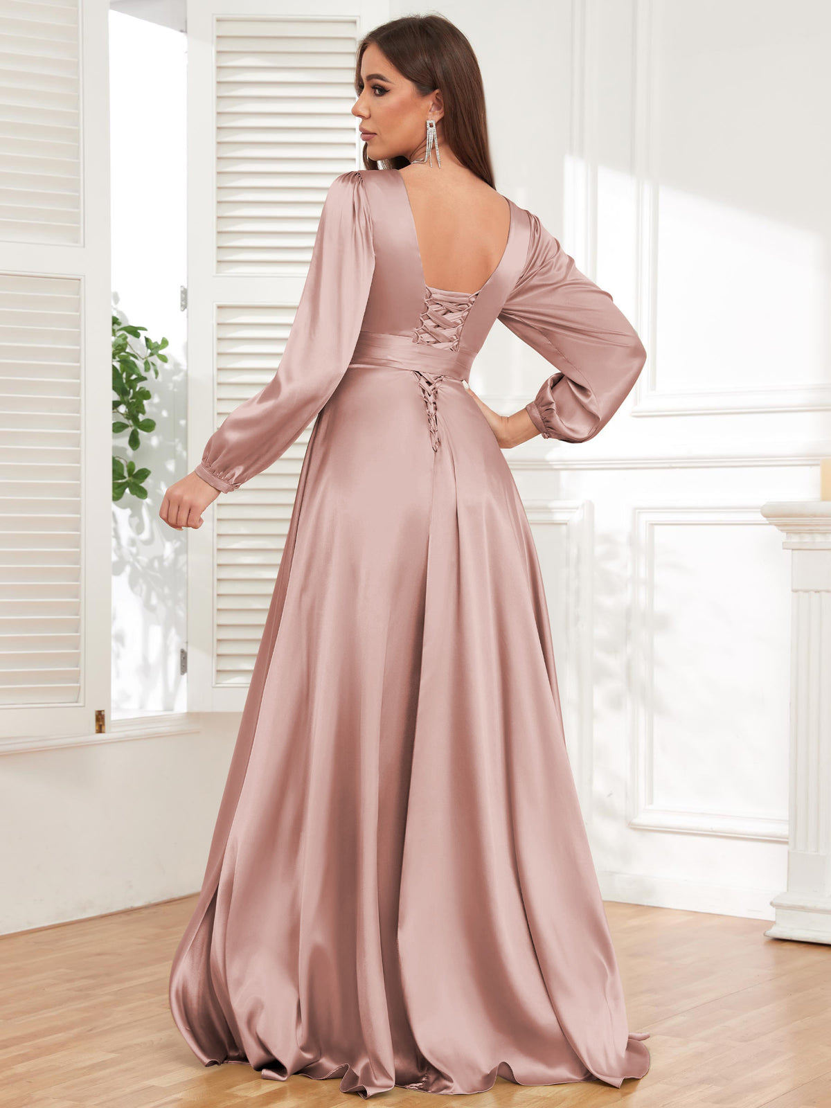 V Neck Satin Long Sleeve Bridesmaid Dress with Slit