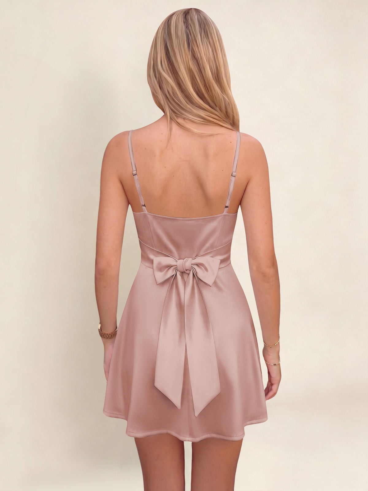 ROVDESY A-Line Spaghetti Strap Cowl Neck Satin Mini Homecoming Dress With Bow
