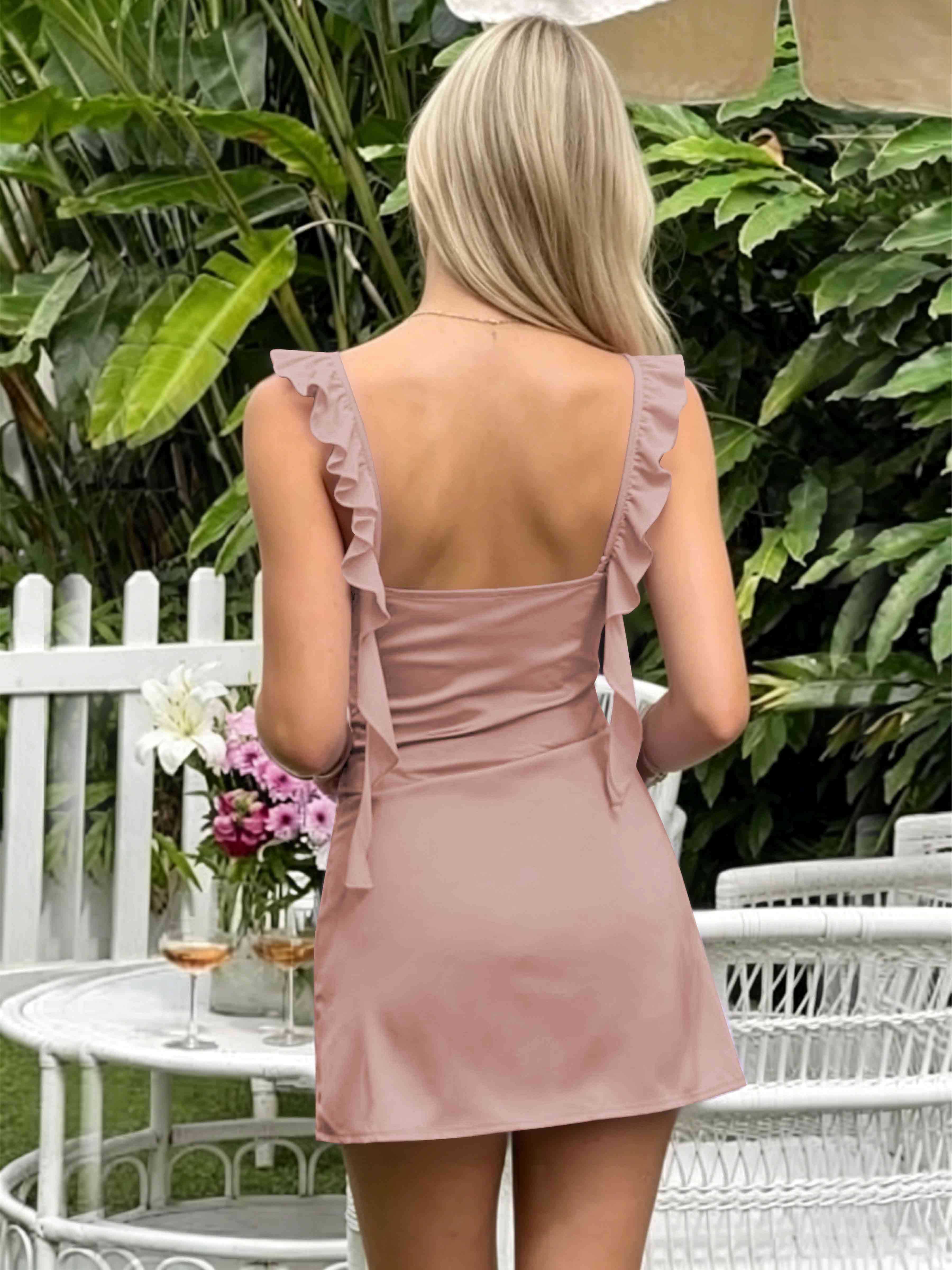 ROVDESY A-Line Ruffle Strap Satin Homecoming Mini Dress