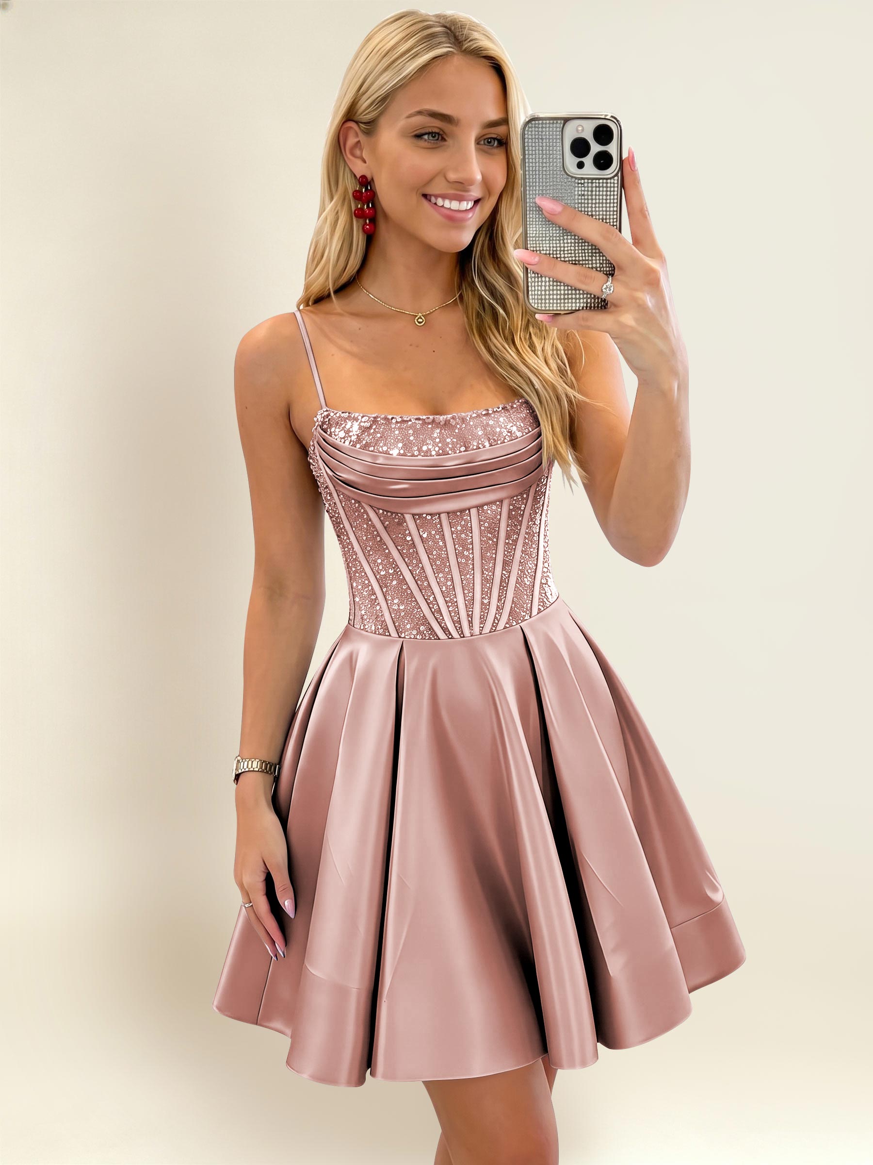 ROVDESY A-Line Spaghetti Strap Sequin Corset Satin Homecoming Mini Dress