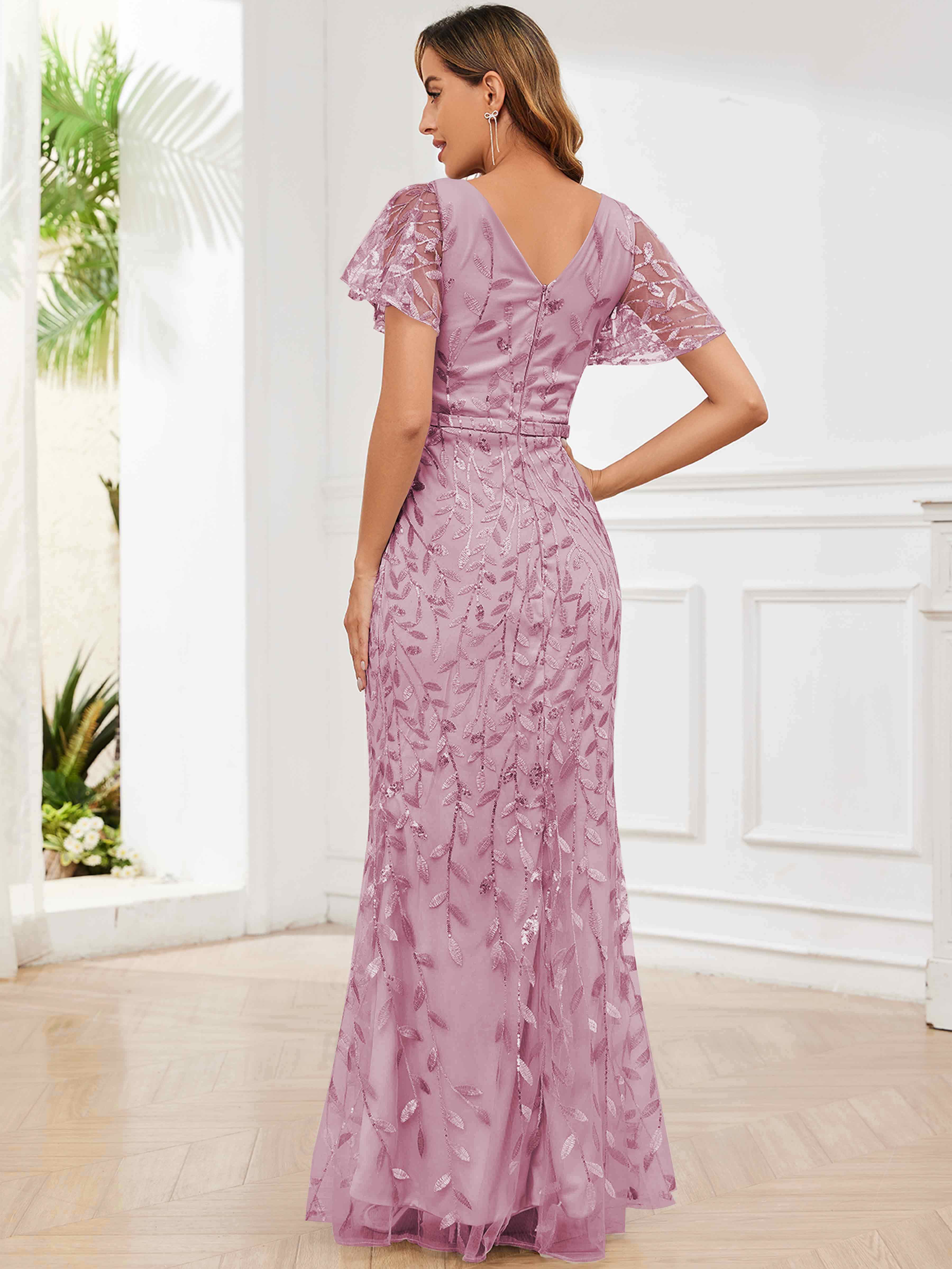 ROVDESY V-Neck Mermaid Sequin Mother Of The Bride Dress With Short Sleeves