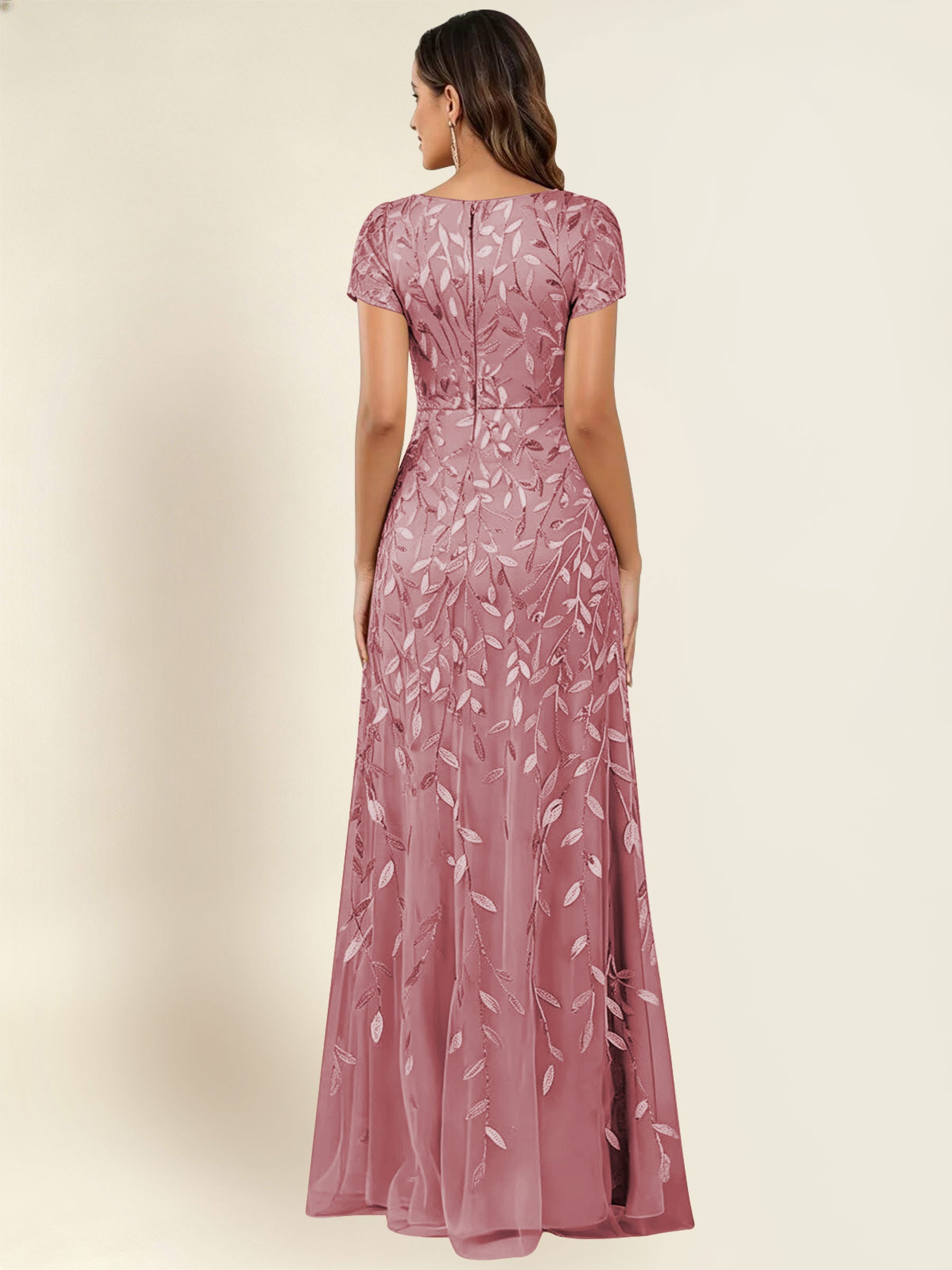ROVDESY Sequin Mermaid Long Mother Of The Bride Dress With Short Sleeves Formal Gown