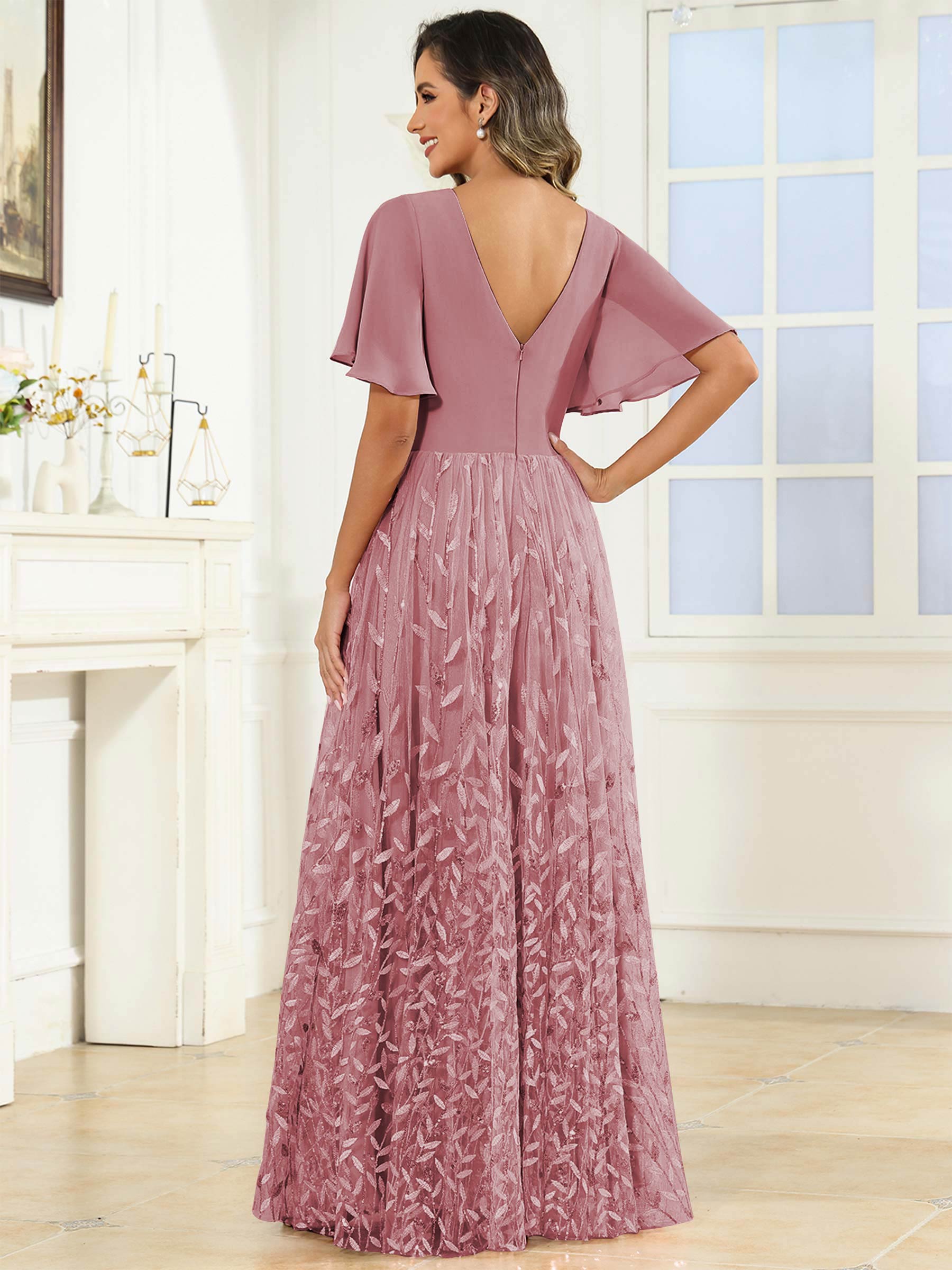 ROVDESY A-Line V-Neck Chiffon Sequin Mother Of The Bride Dress With Short Sleeves