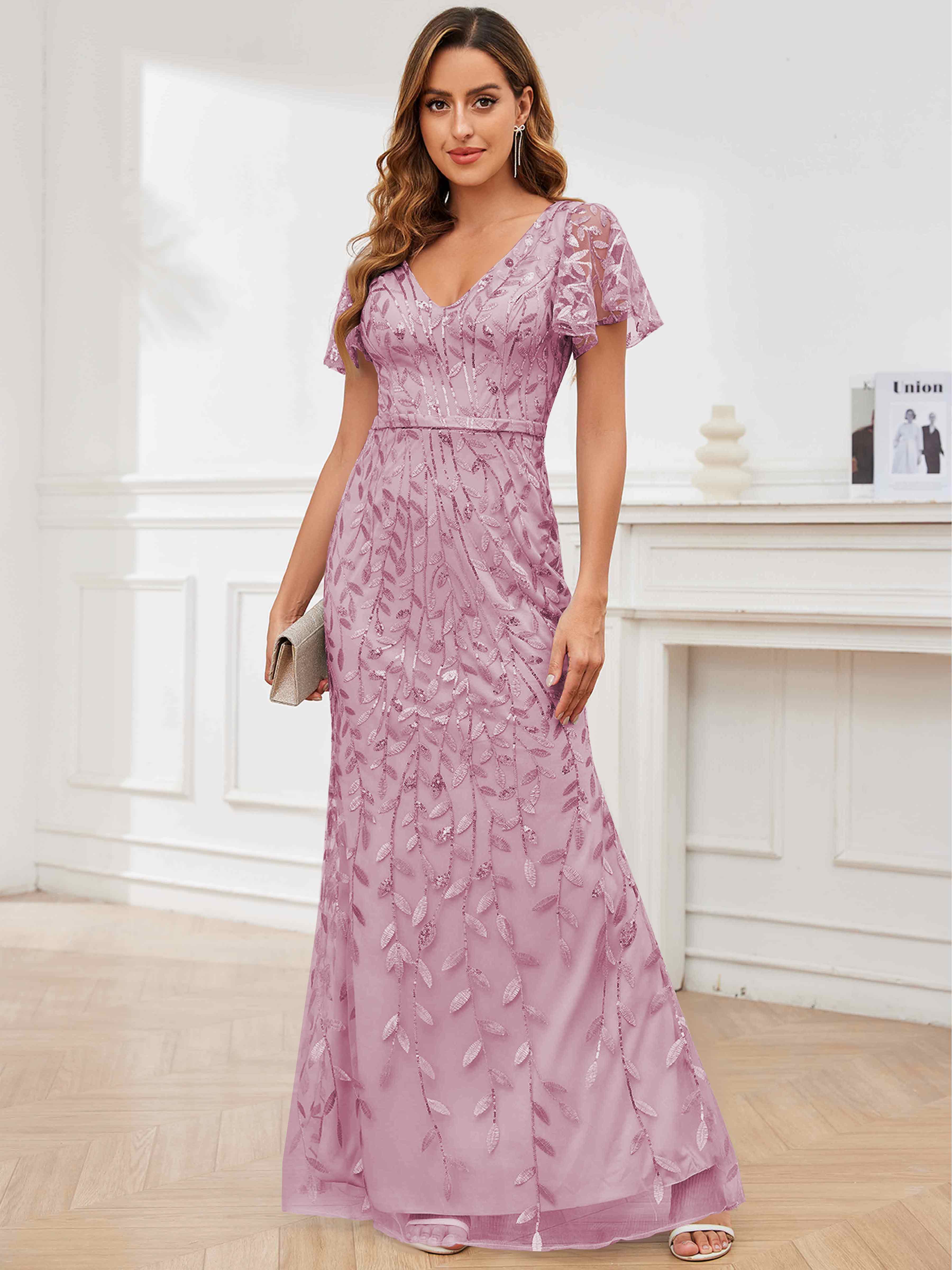 ROVDESY V-Neck Mermaid Sequin Mother Of The Bride Dress With Short Sleeves