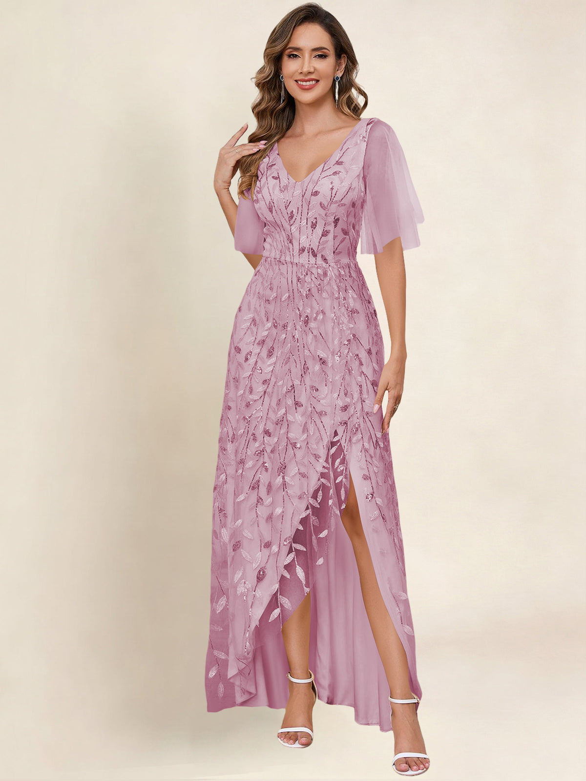 V Neck Sequin Tulle A Line Mother of the Bride Dress with Sleeves