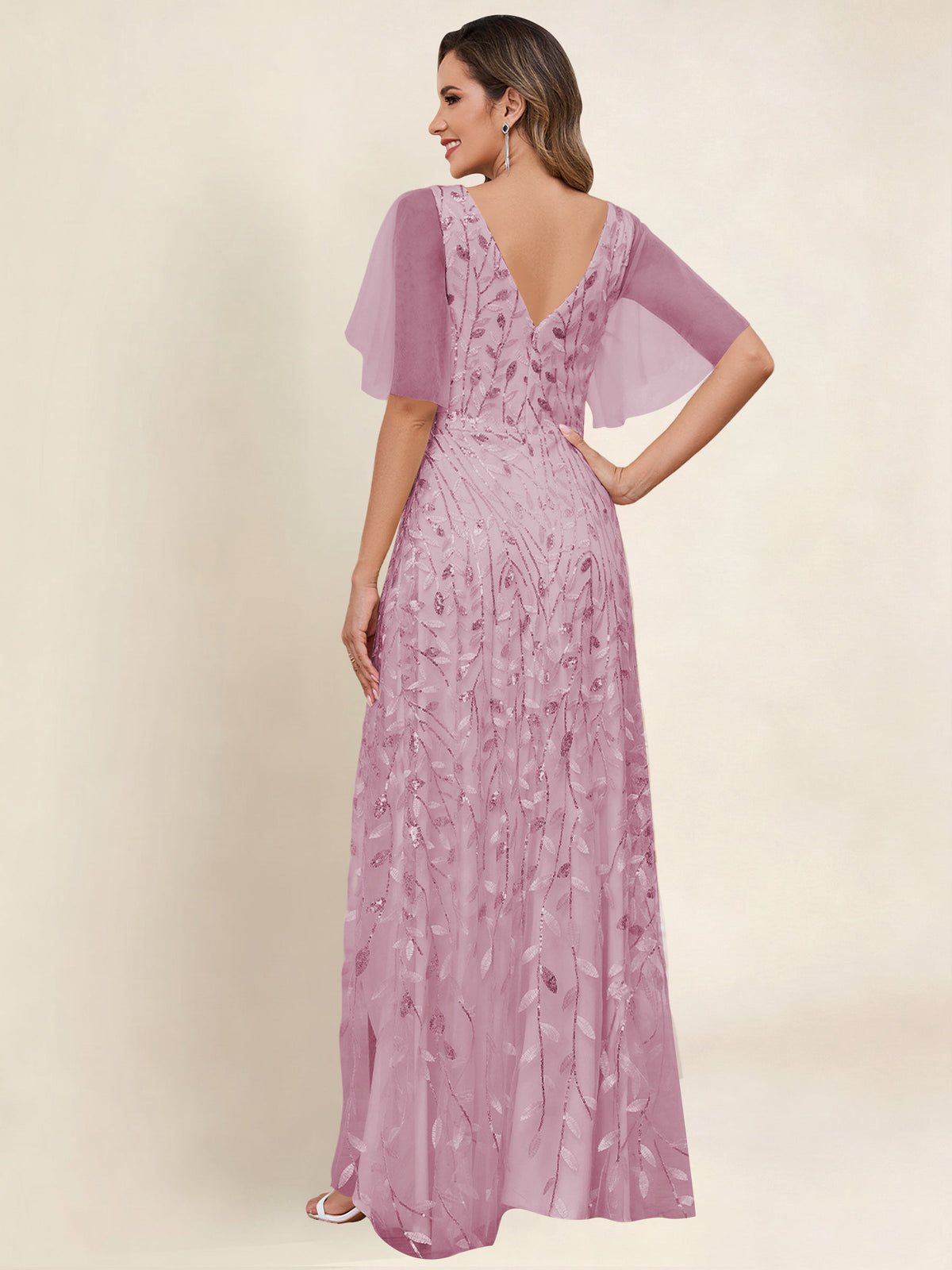 V Neck Sequin Tulle A Line Mother of the Bride Dress with Sleeves