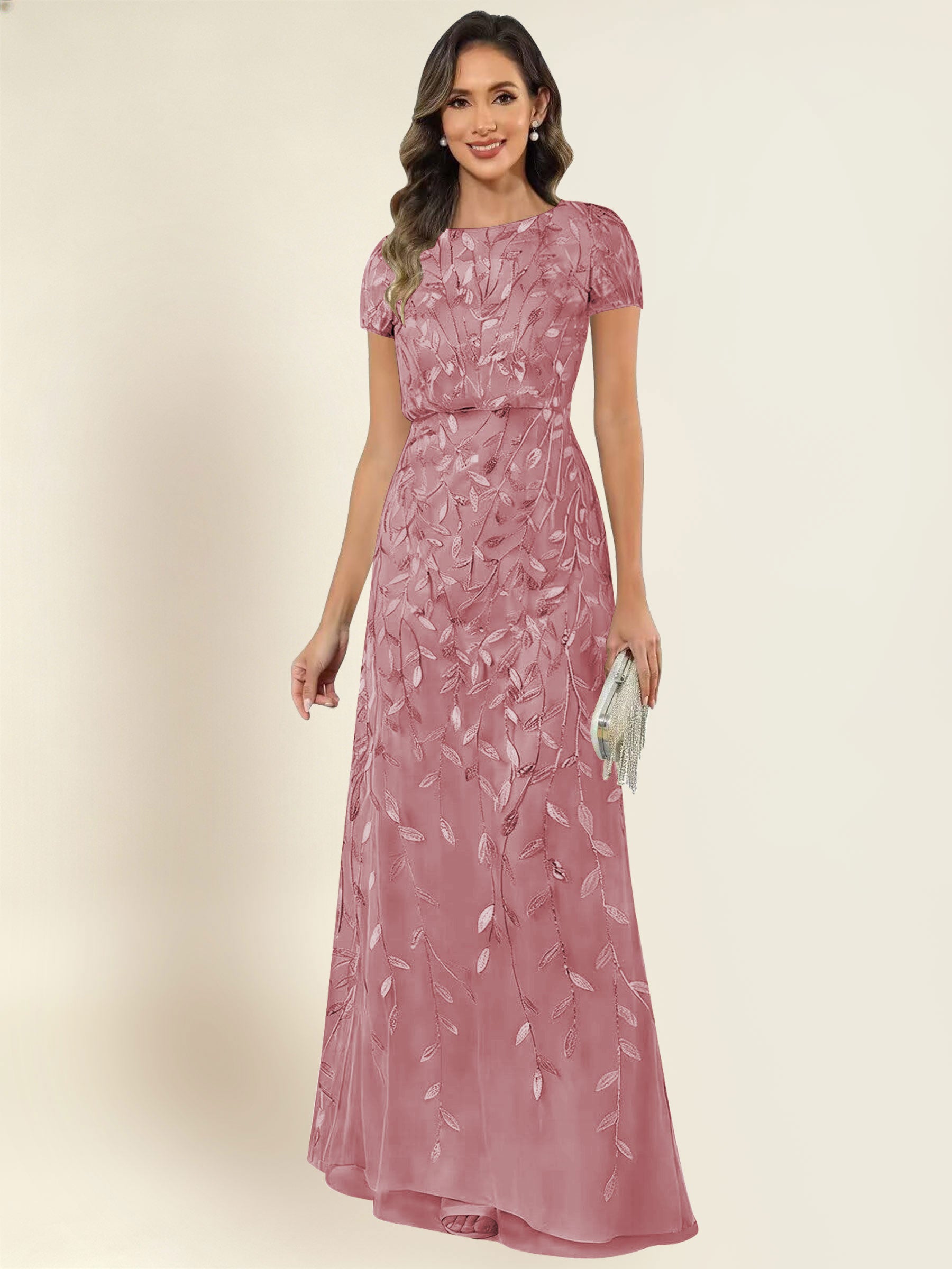 ROVDESY Sequin Mermaid Long Mother Of The Bride Dress With Short Sleeves Formal Gown