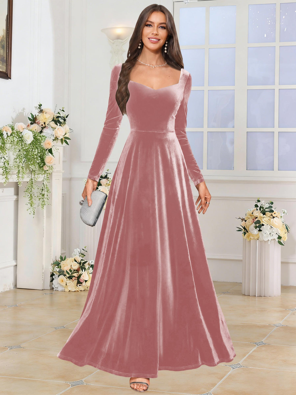 Velvet A Line Long Sleeve Bridesmaid Dresses