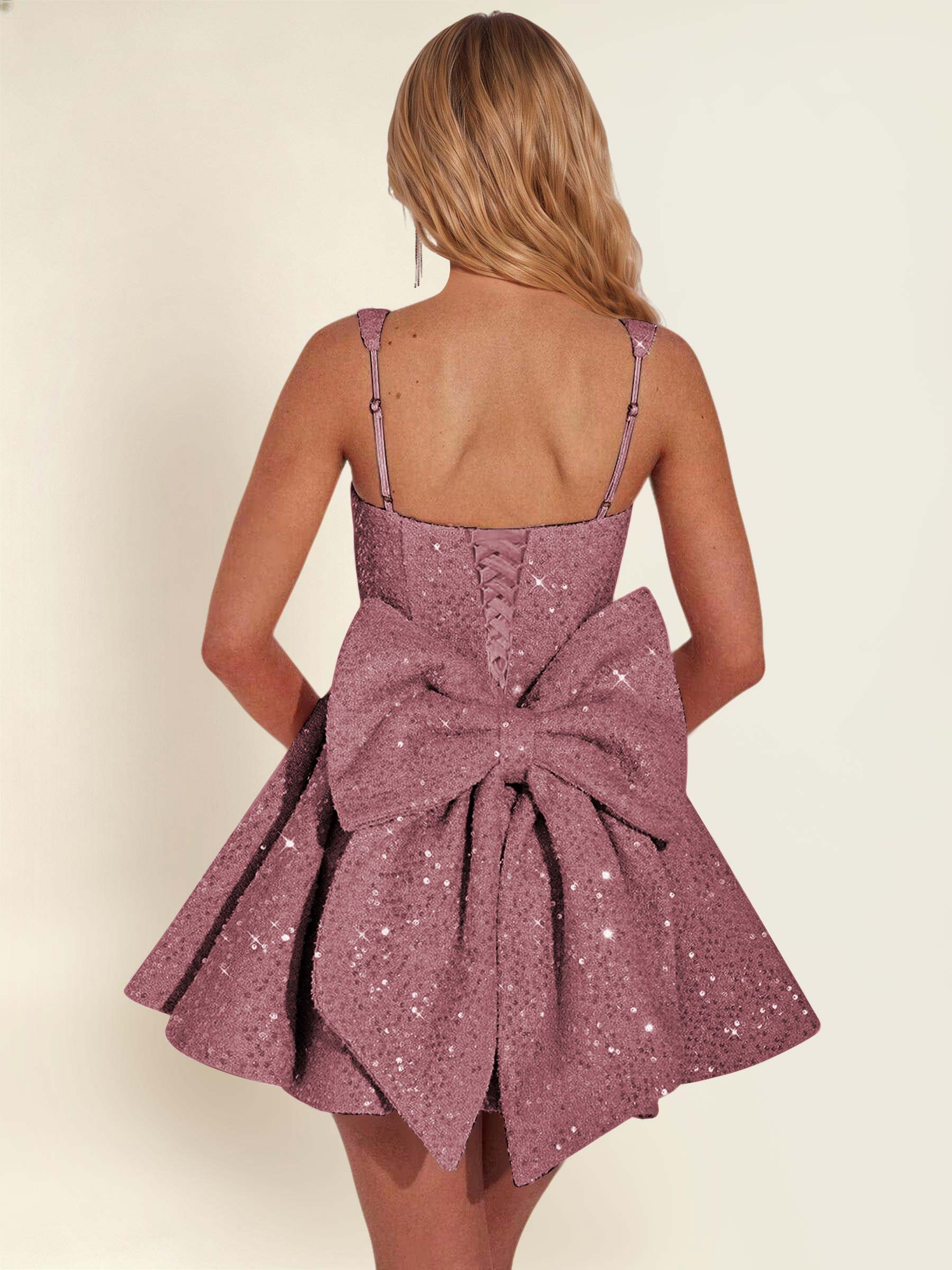 ROVDESY Sparkly Sequin A-Line Square Neck Homecoming Mini Dress With Big Bow