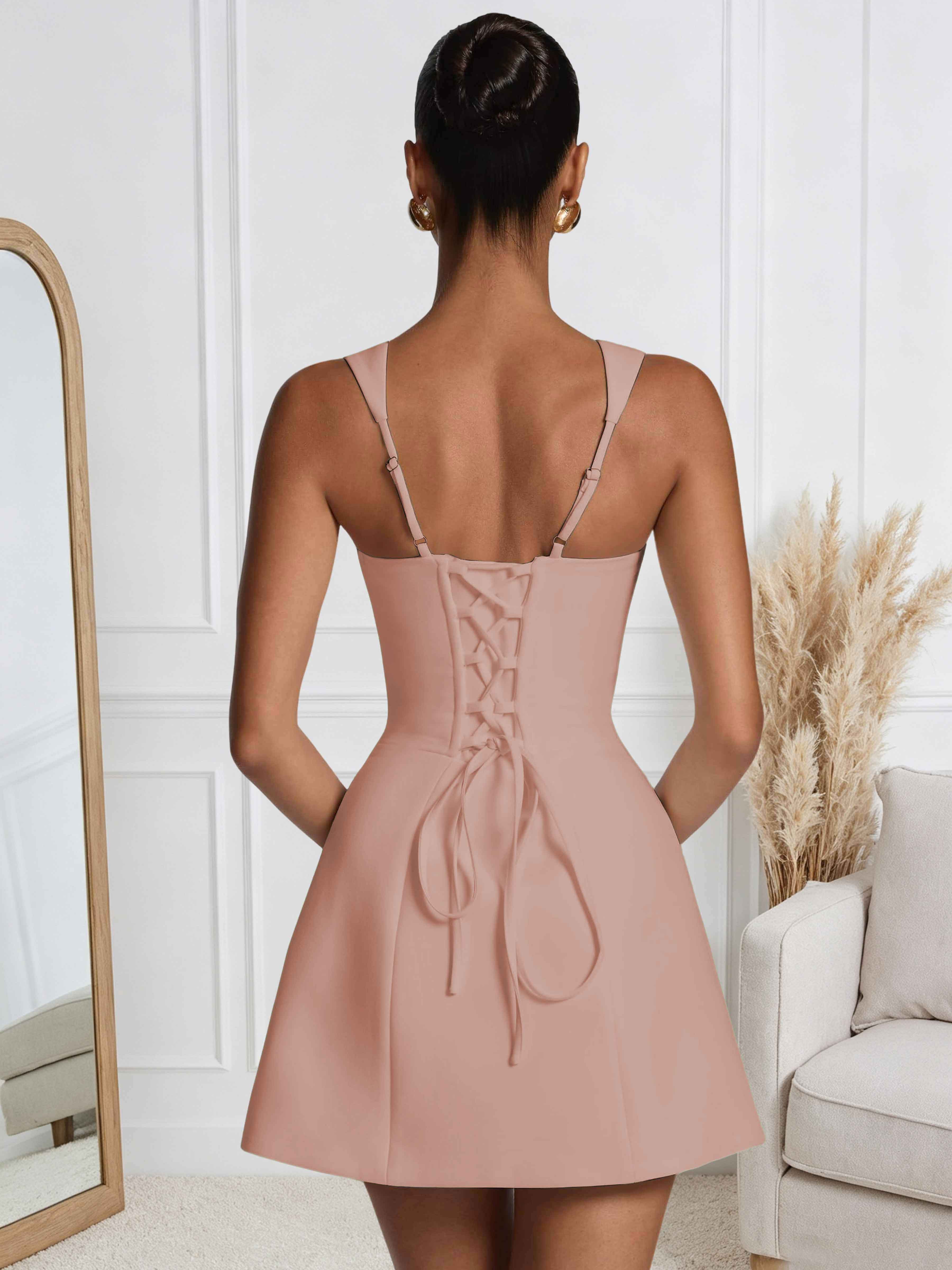 ROVDESY A-Line Square Neck Satin Homecoming Mini Dress