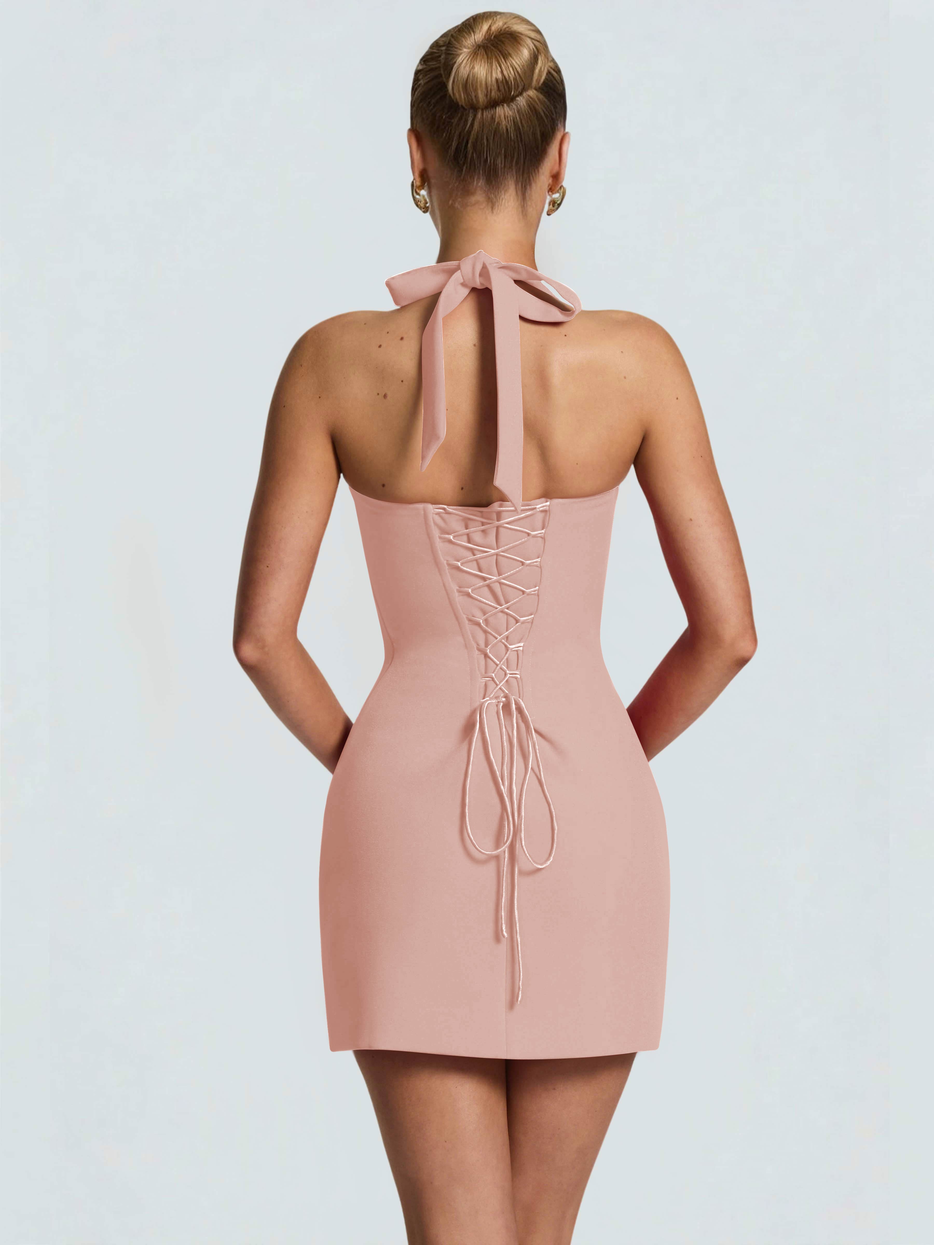 ROVDESY Halter Lace Satin Tight Homecoming Mini Dress