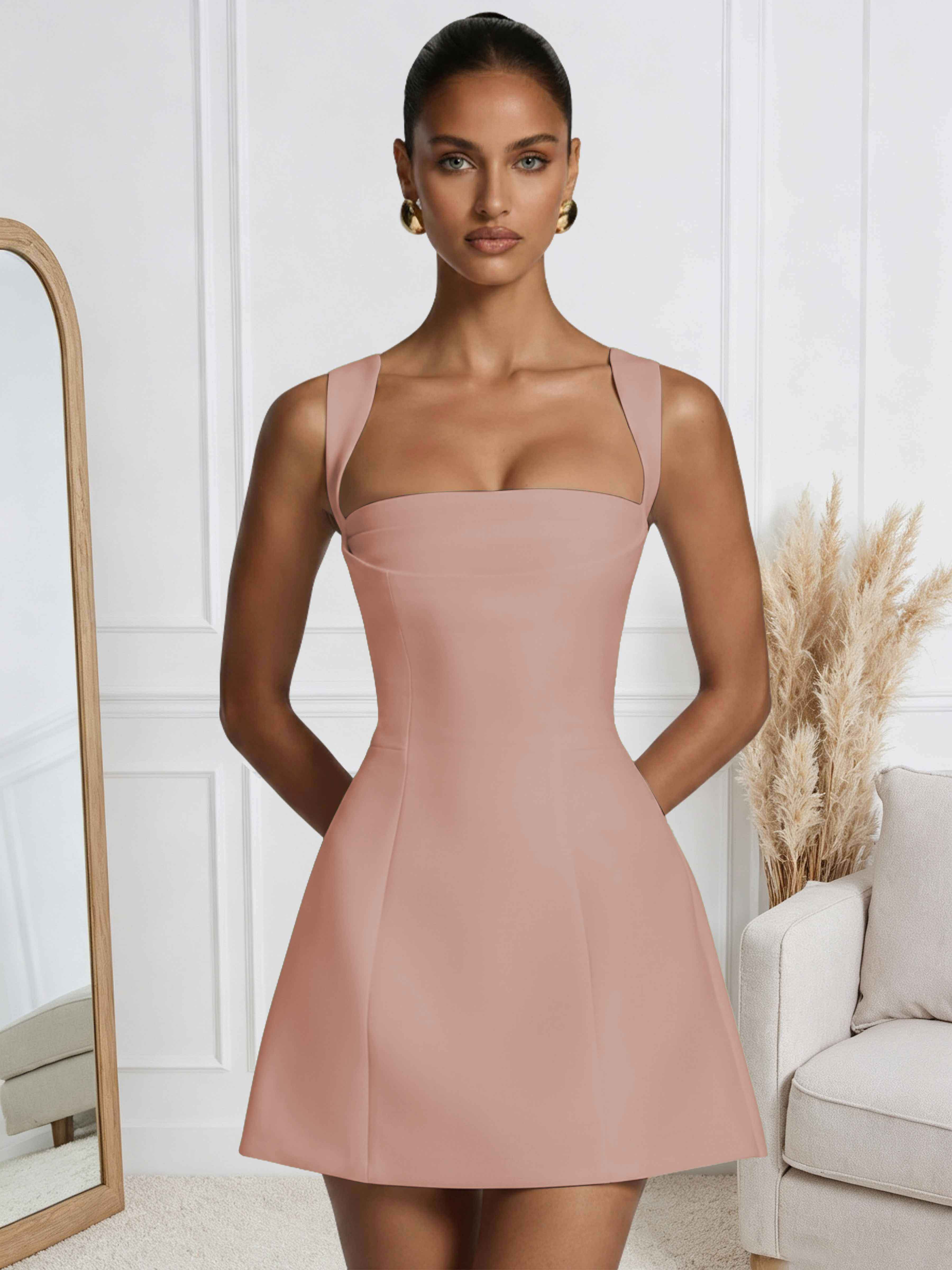 ROVDESY A-Line Square Neck Satin Homecoming Mini Dress