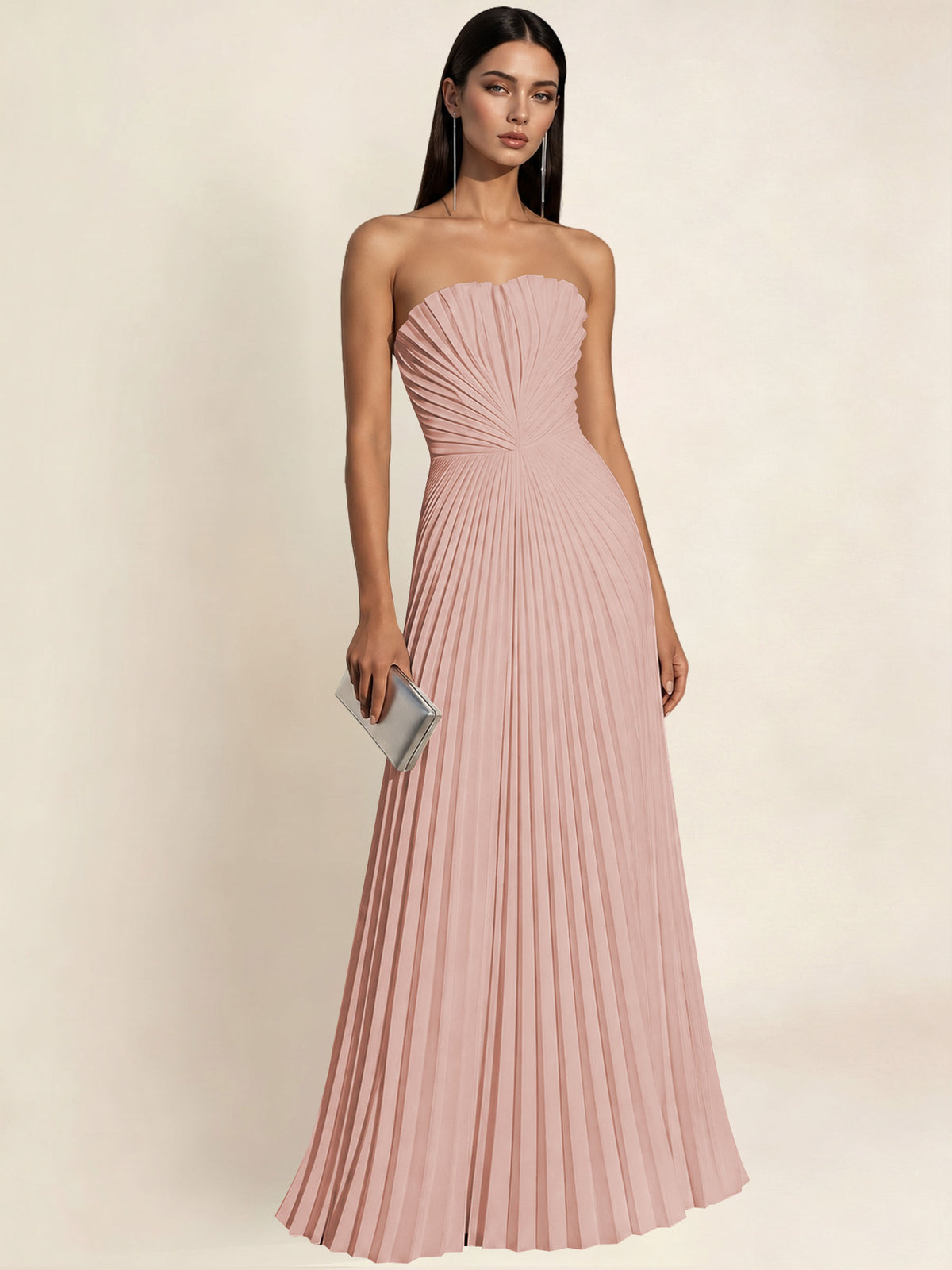 Strapless Satin Pleated A Line Bridesmaid Prom Dress