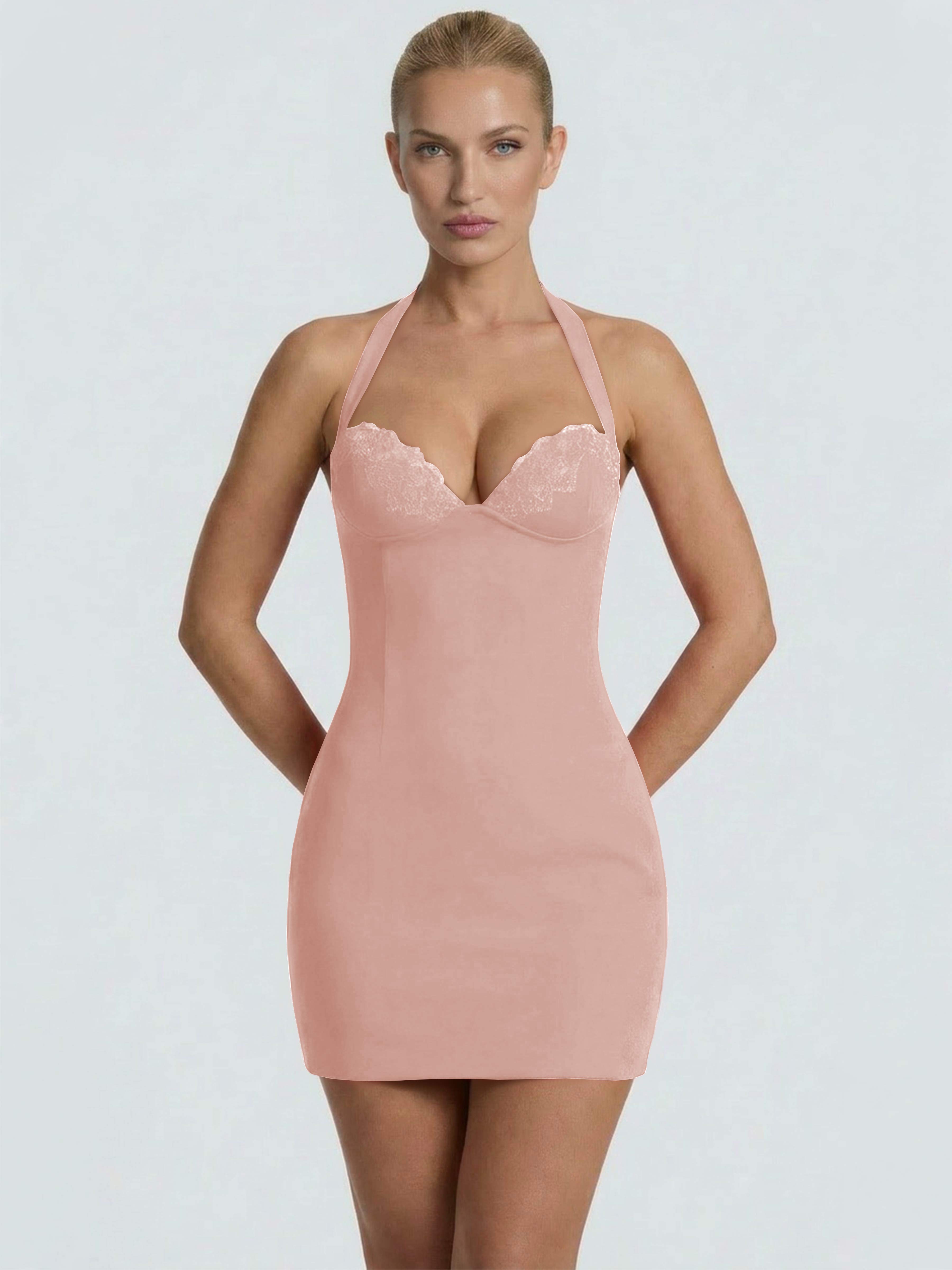ROVDESY Halter Lace Satin Tight Homecoming Mini Dress