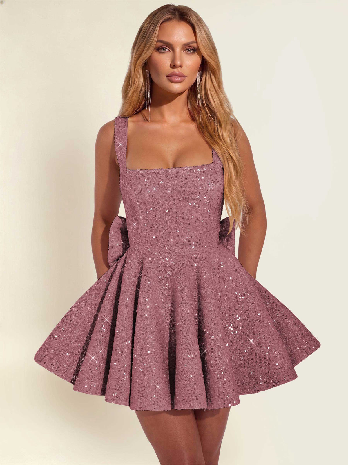 ROVDESY Sparkly Sequin A-Line Square Neck Homecoming Mini Dress With Big Bow