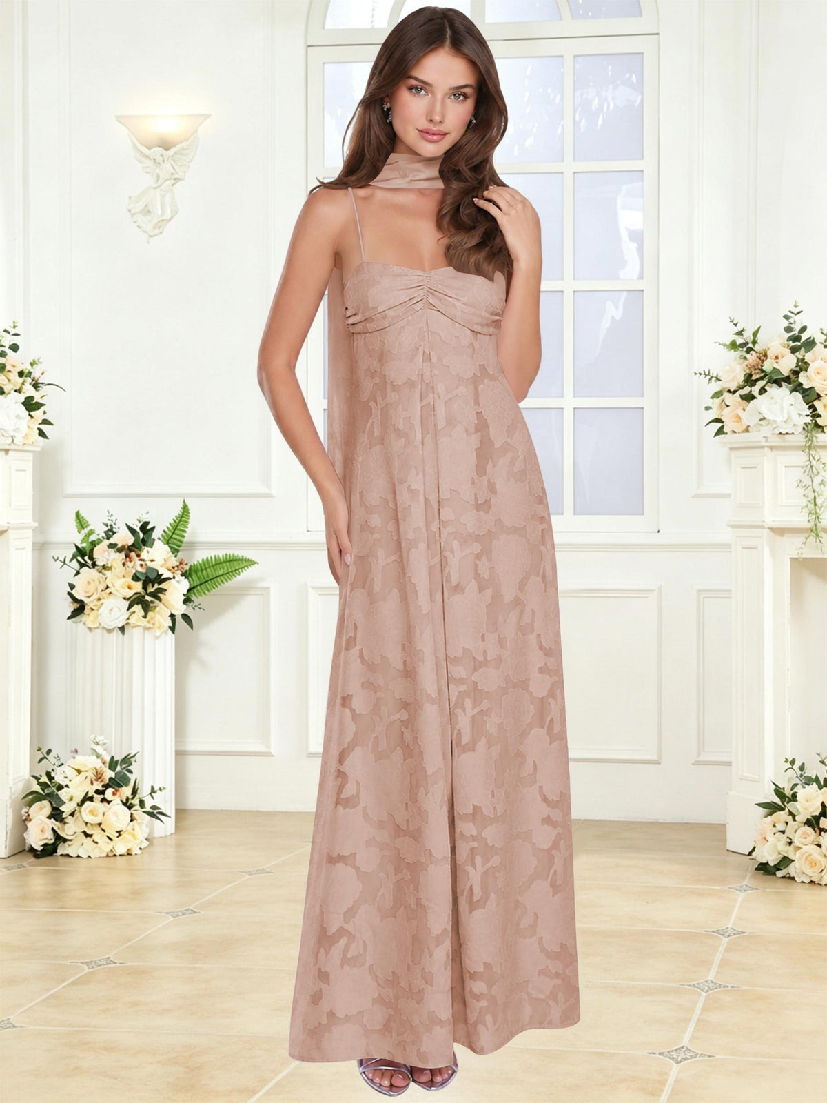 Spaghetti Strap Ruched Floral Jacquard A Line Bridesmaid Dress with Scarf