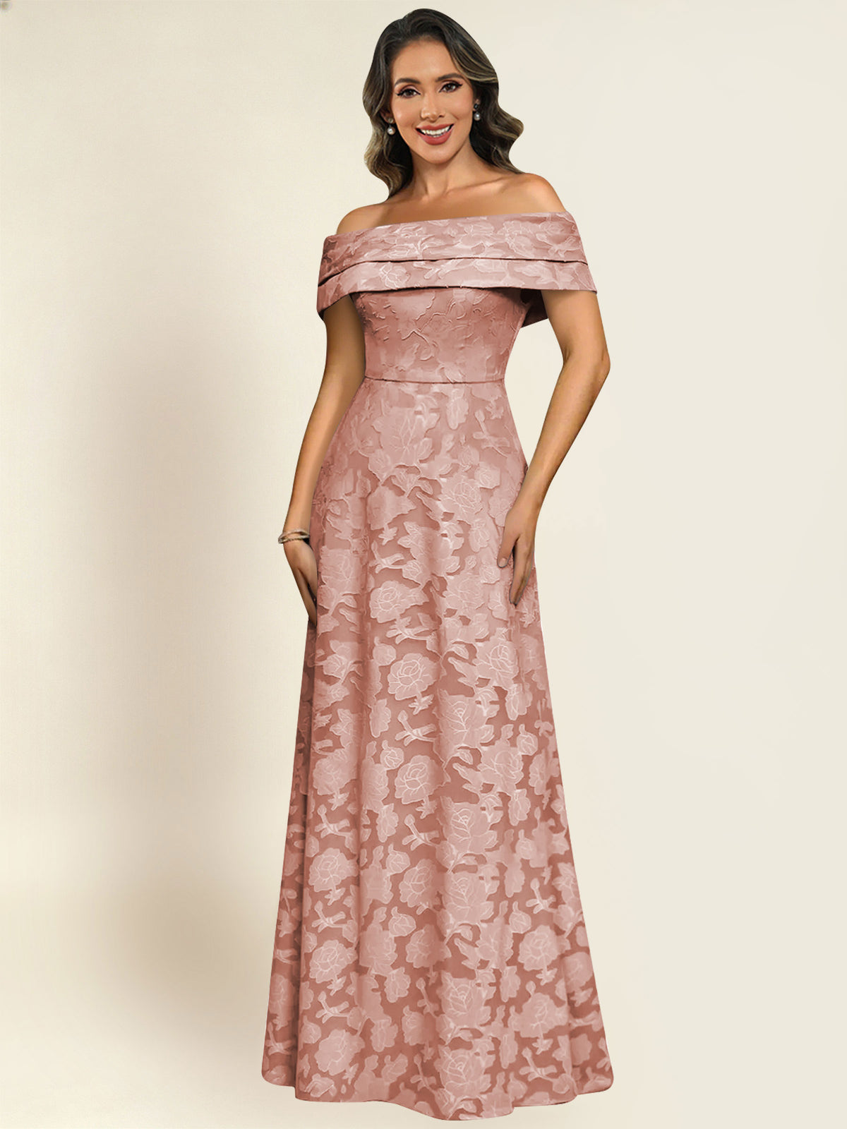 ROVDESY Off the Shoulder Floral Jacquard A-Line Long Mother of the Bride Dress