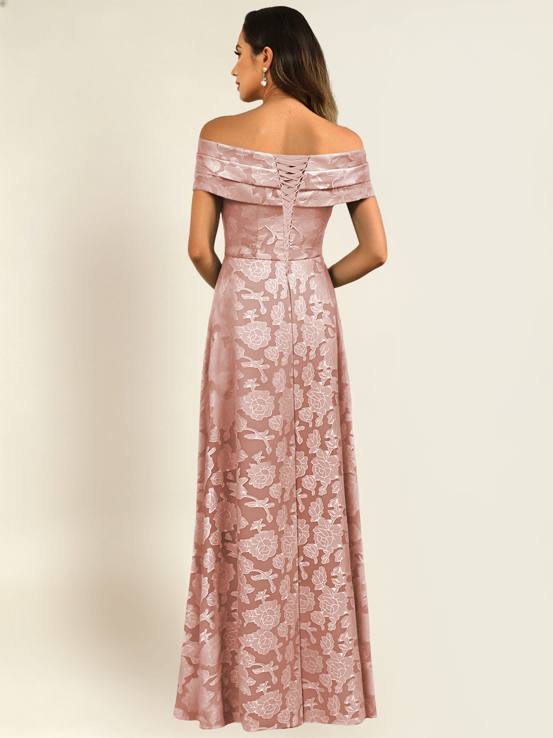 ROVDESY Off the Shoulder Floral Jacquard A-Line Long Mother of the Bride Dress