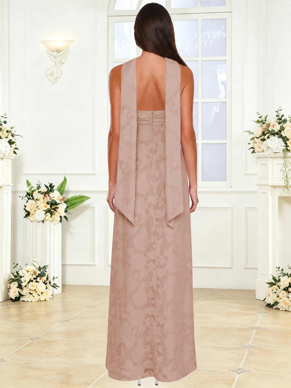 Spaghetti Strap Ruched Floral Jacquard A Line Bridesmaid Dress with Scarf