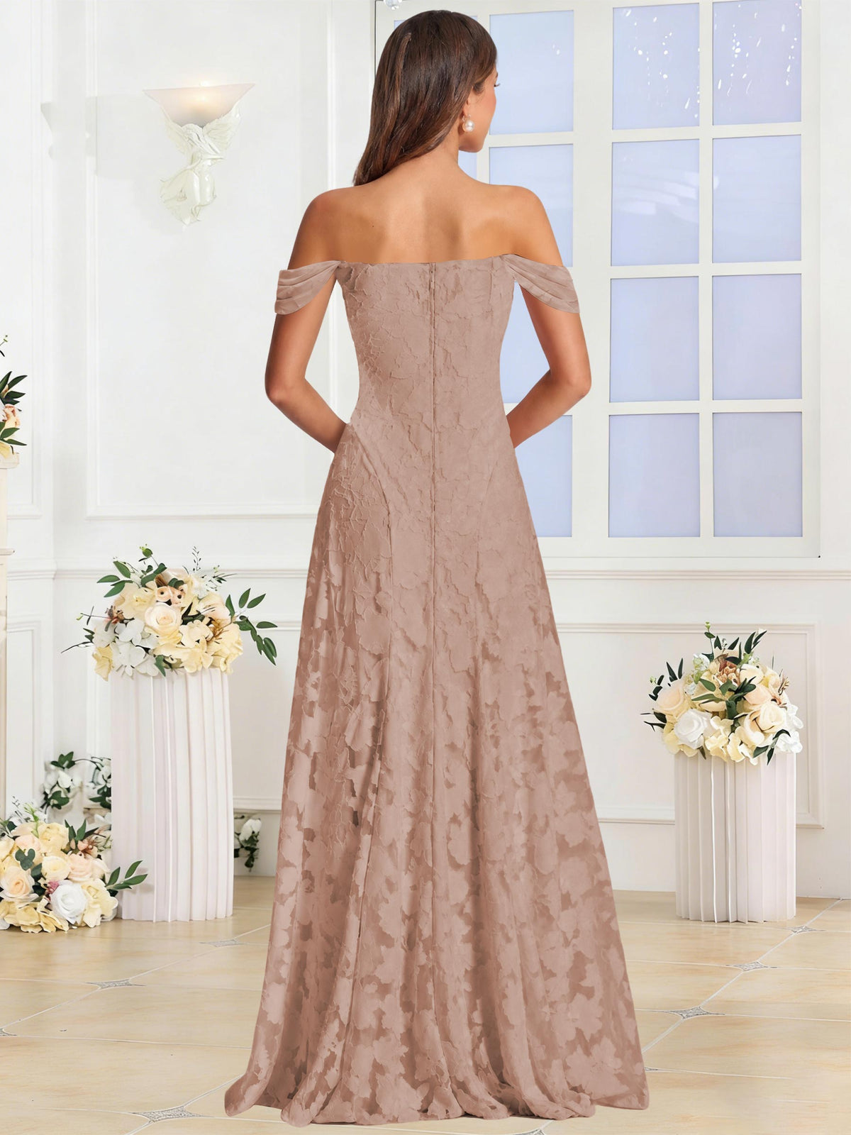 Off the Shoulder Floral Ruched A-line Bridesmaid Dress