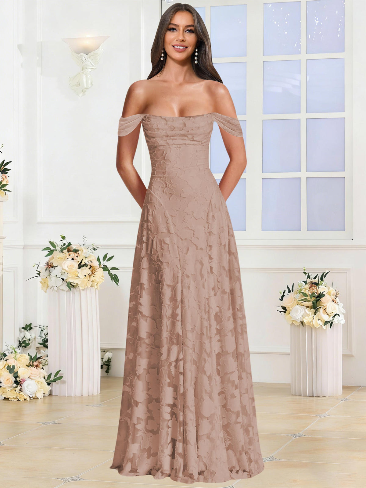 Off the Shoulder Floral Ruched A-line Bridesmaid Dress