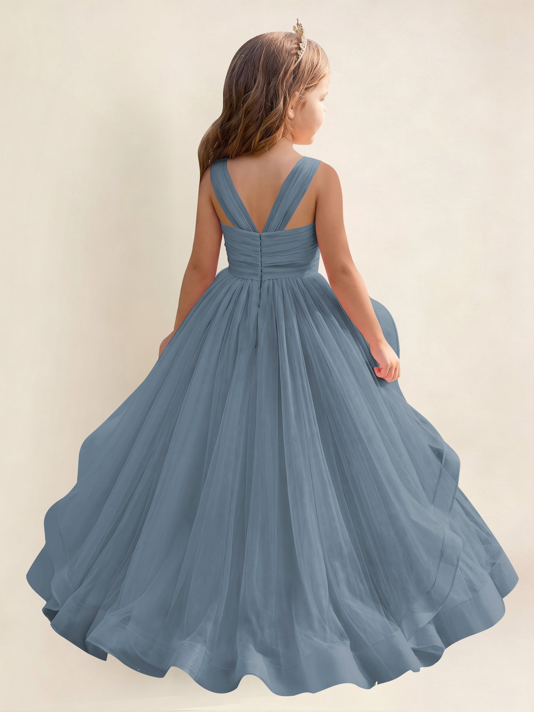 ROVDESY A-Line V-Neck Tulle Flower Girl Dress With Sleeveless Long Ball Gown Dress