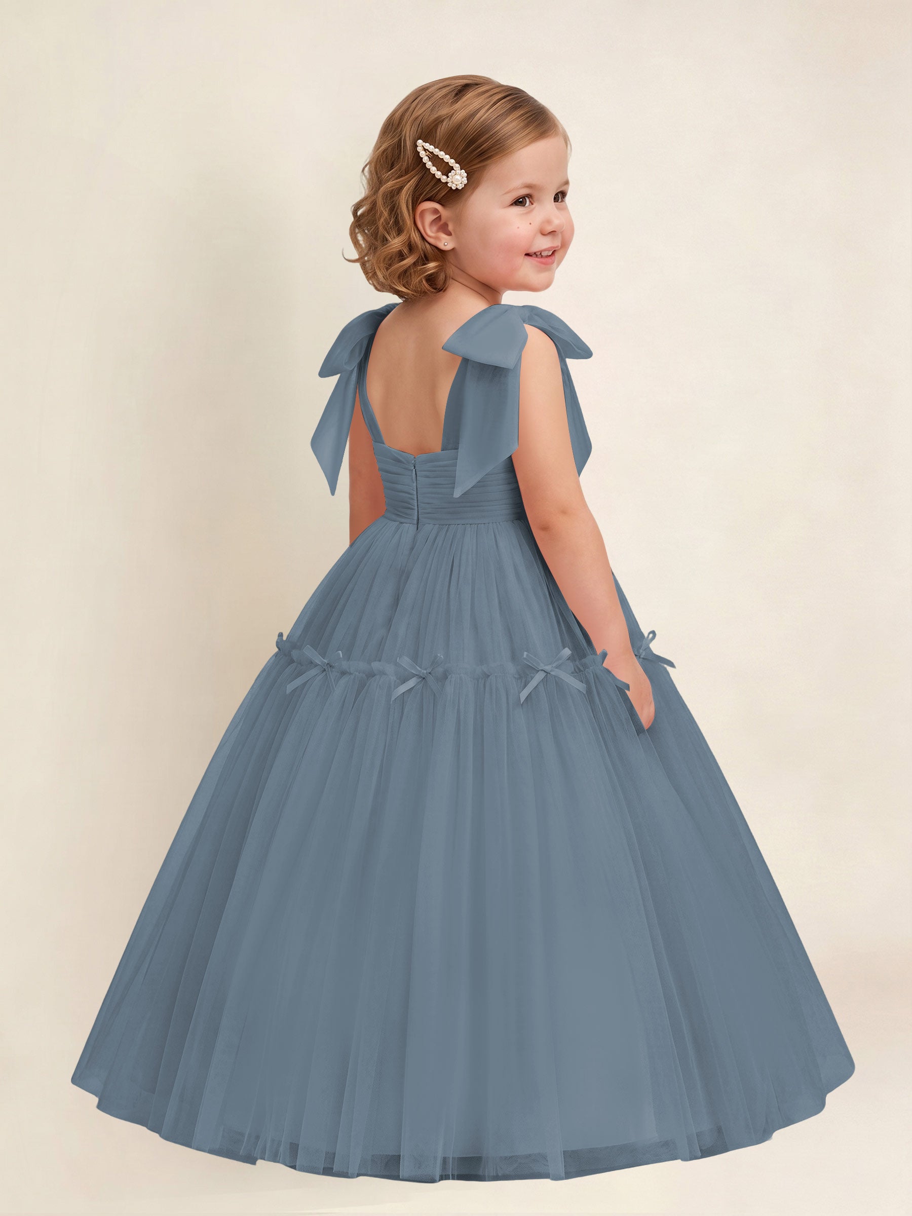 ROVDESY A-Line Tulle Flower Girl Dress With Bow Long Ball Gown Dress