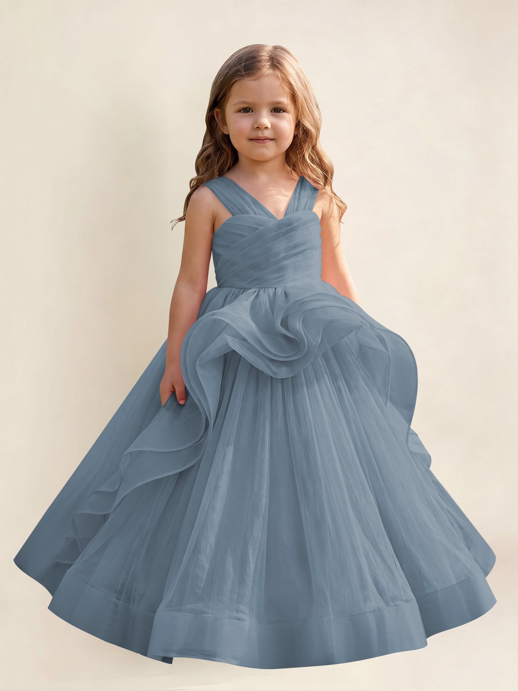 ROVDESY A-Line V-Neck Tulle Flower Girl Dress With Sleeveless Long Ball Gown Dress