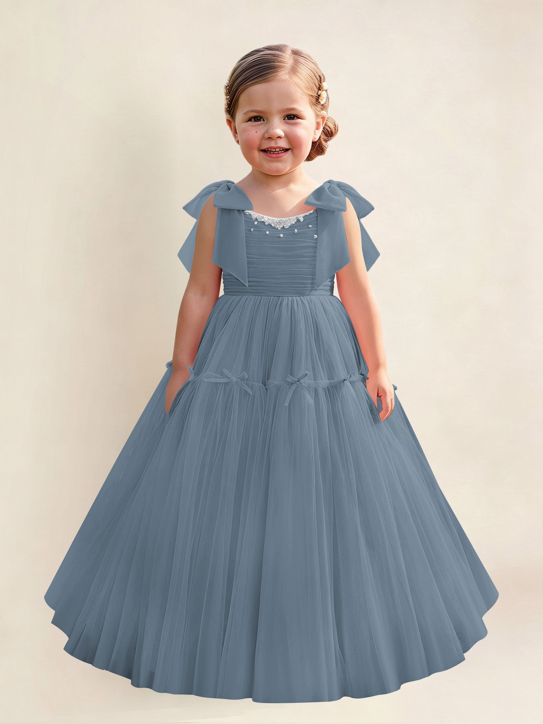 ROVDESY A-Line Tulle Flower Girl Dress With Bow Long Ball Gown Dress